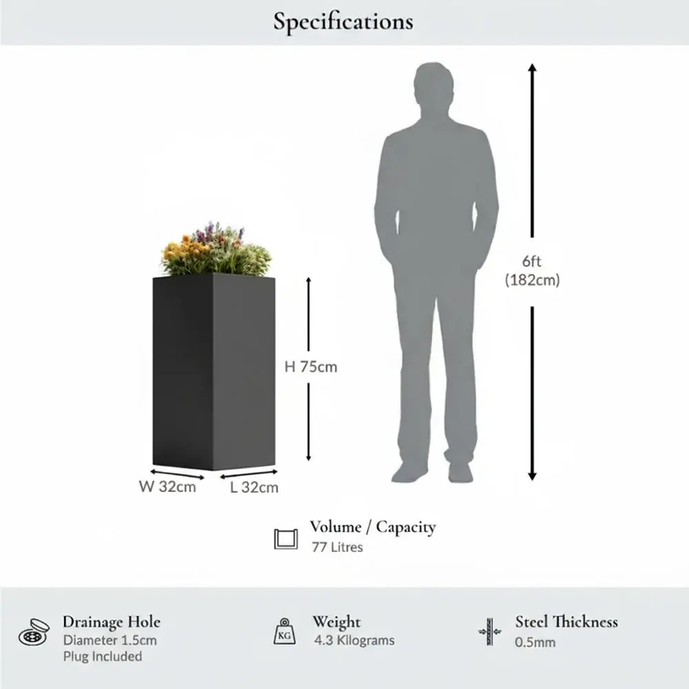 Zinc Galvanised Tall Square Planter | 32cm x 32cm x 75cm