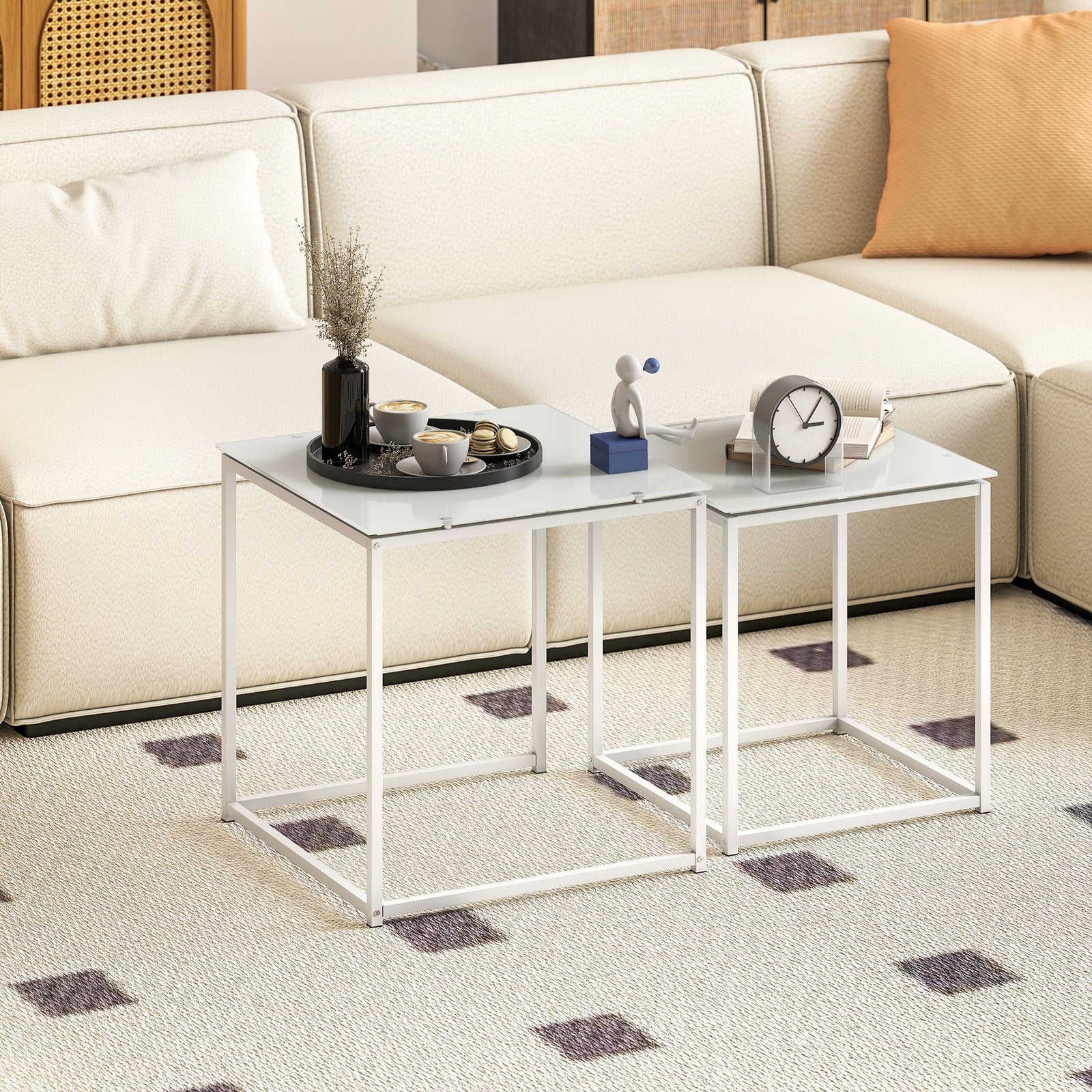 HOMCOM Nest Of 2 Side Tables Set Of Bedside Tables For Living Room White