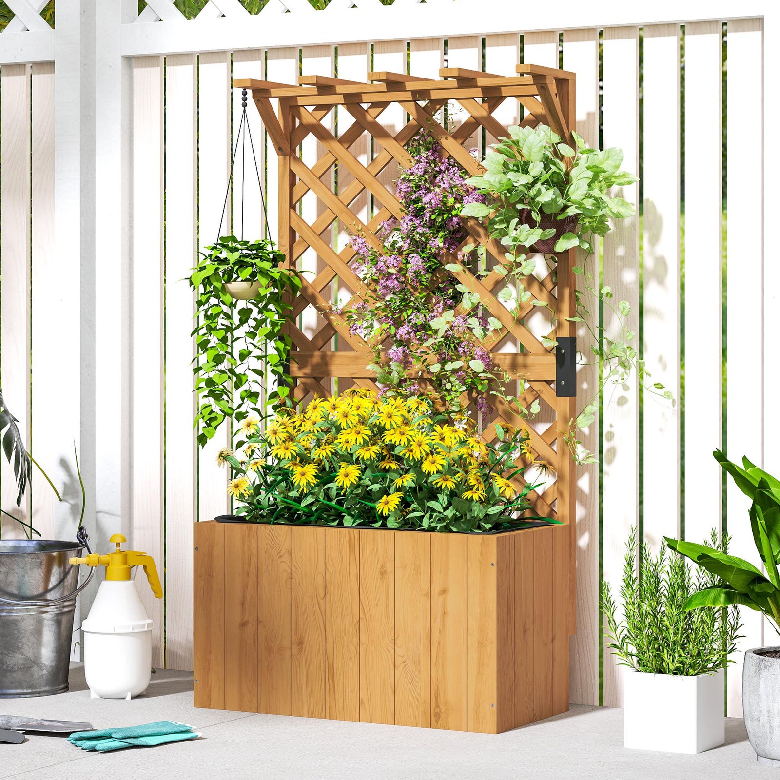 Wooden Planter W/ Trellis And Drainage Holes | Natural