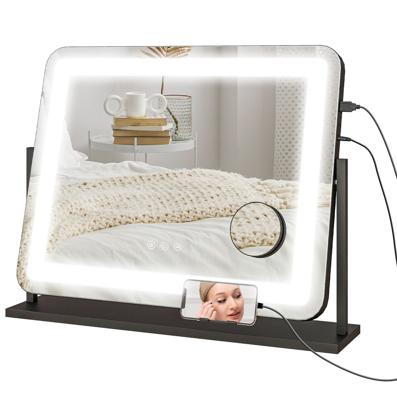 Dimmable Lighted Makeup Mirror With Magnifier, Usb Port