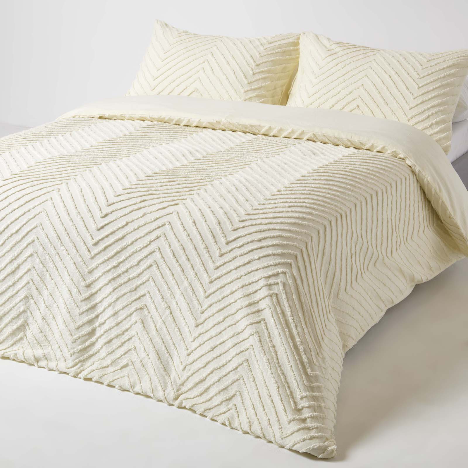 Chevron Cotton Tufted Duvet Cover Set | Super King | Off White
