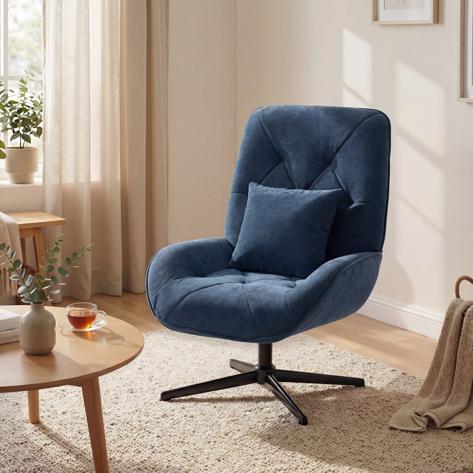 Swivel Accent Chair, Chenille Armchair With Lumbar Pillow | Dark Blue