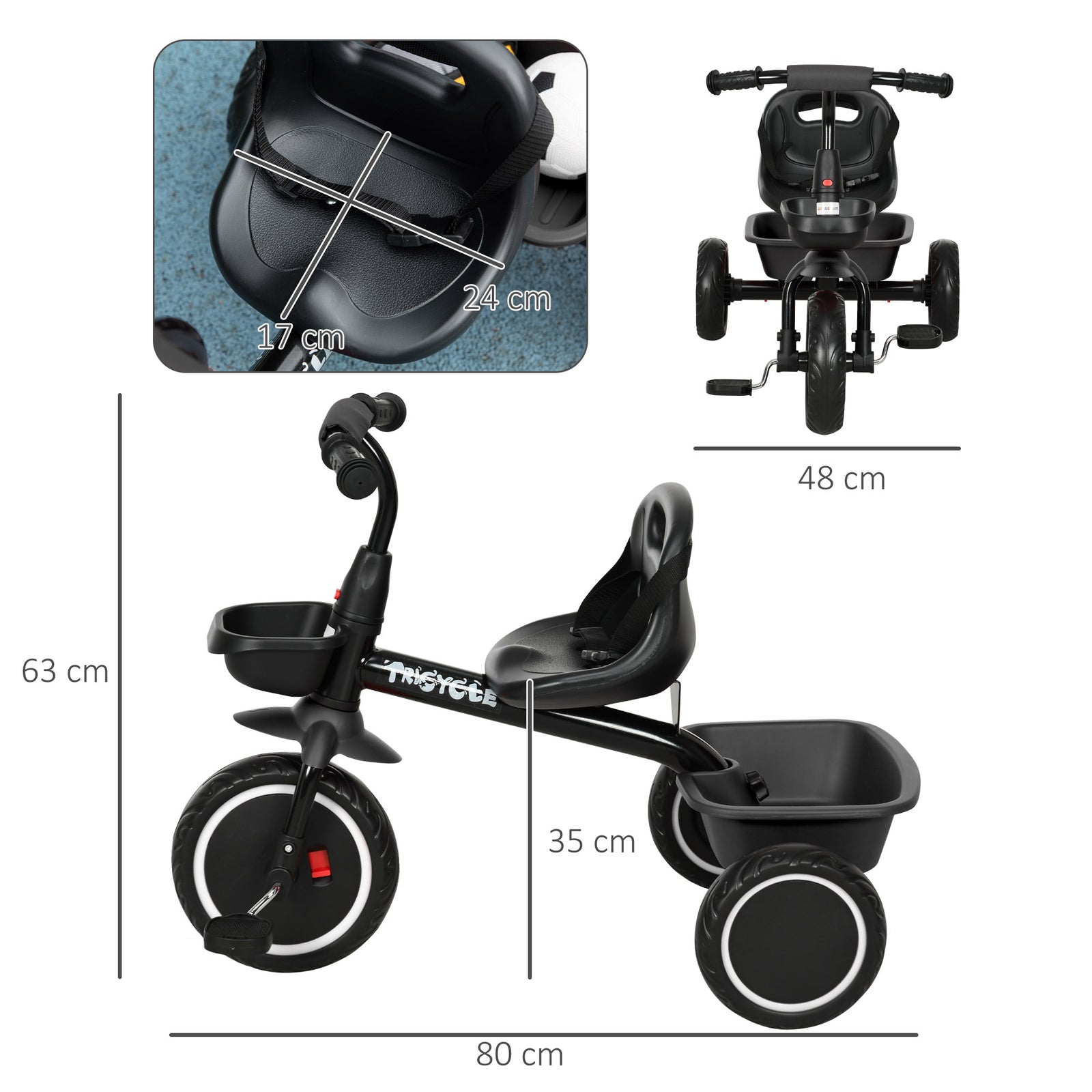 Kids Trike For 2 To 5 Years With Adjustable Seat, Baskets | Black