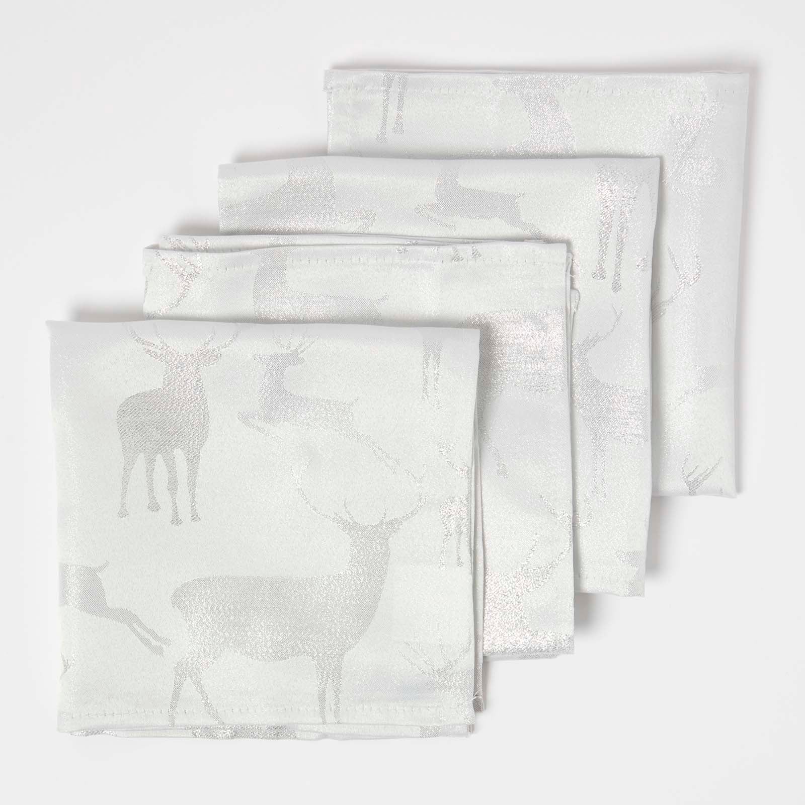 Stag Design Christmas Napkins, Set Of 4 | 43cm x 43cm | Silver