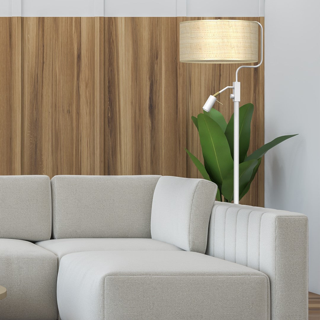Marshall Hand Made Designer Floor Lamp In Matt White Metal And Natural Rattan Coloured Fabric