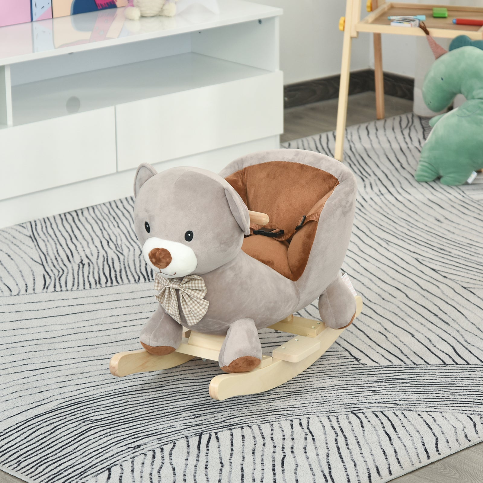 Kids Rocking Bear Plush Ride On Seat W/ Sound Button Wood Base Seat Belt