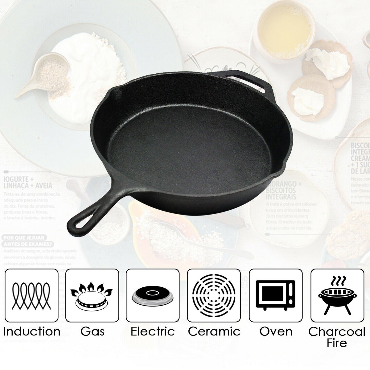 Frying Pan Non Stick Cast Iron 30cm Steak Skillet Round Bbq Grill Camping | Black