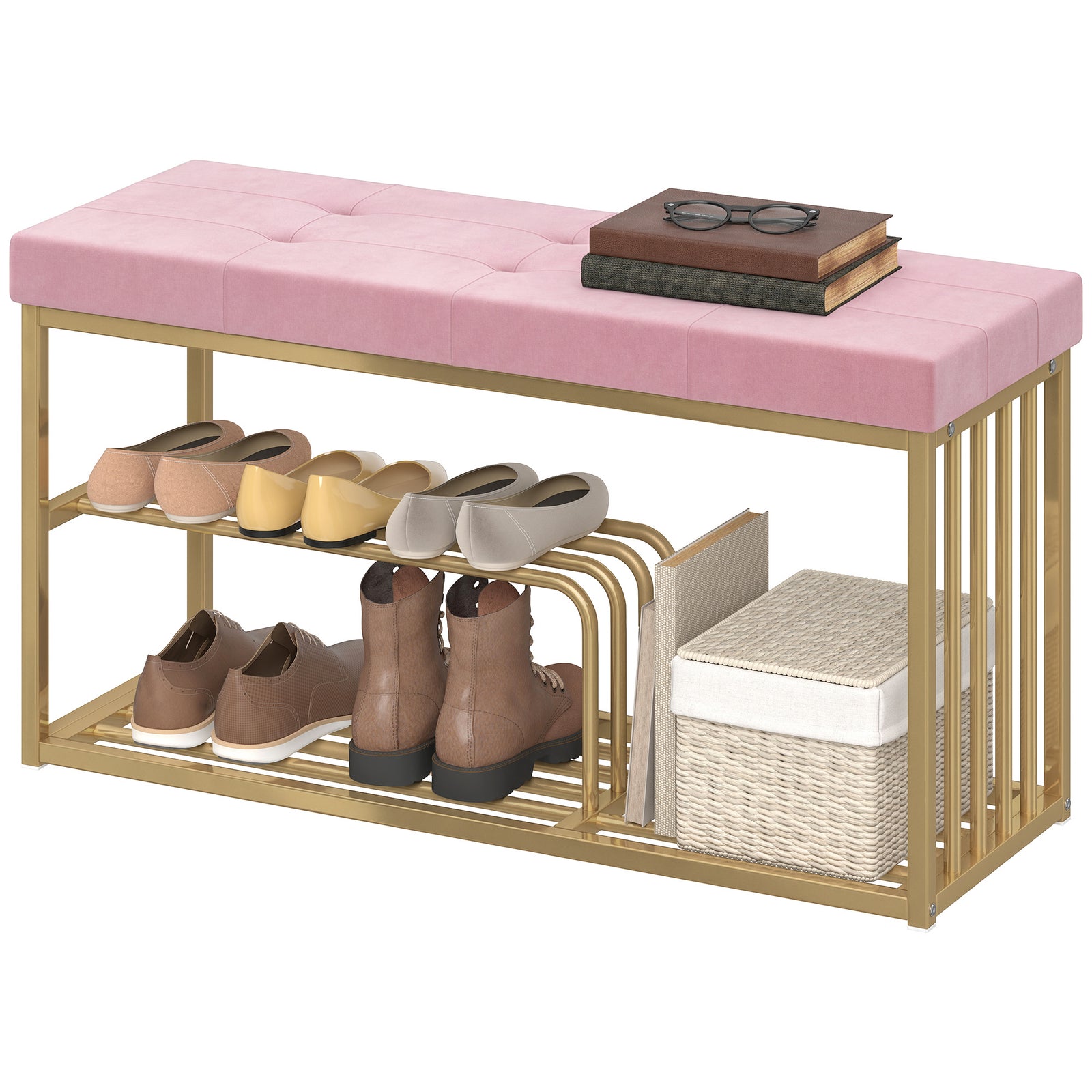 Shoe Storage Bench With Seat Cushion Tufted Shoe Rack Bench | Pink