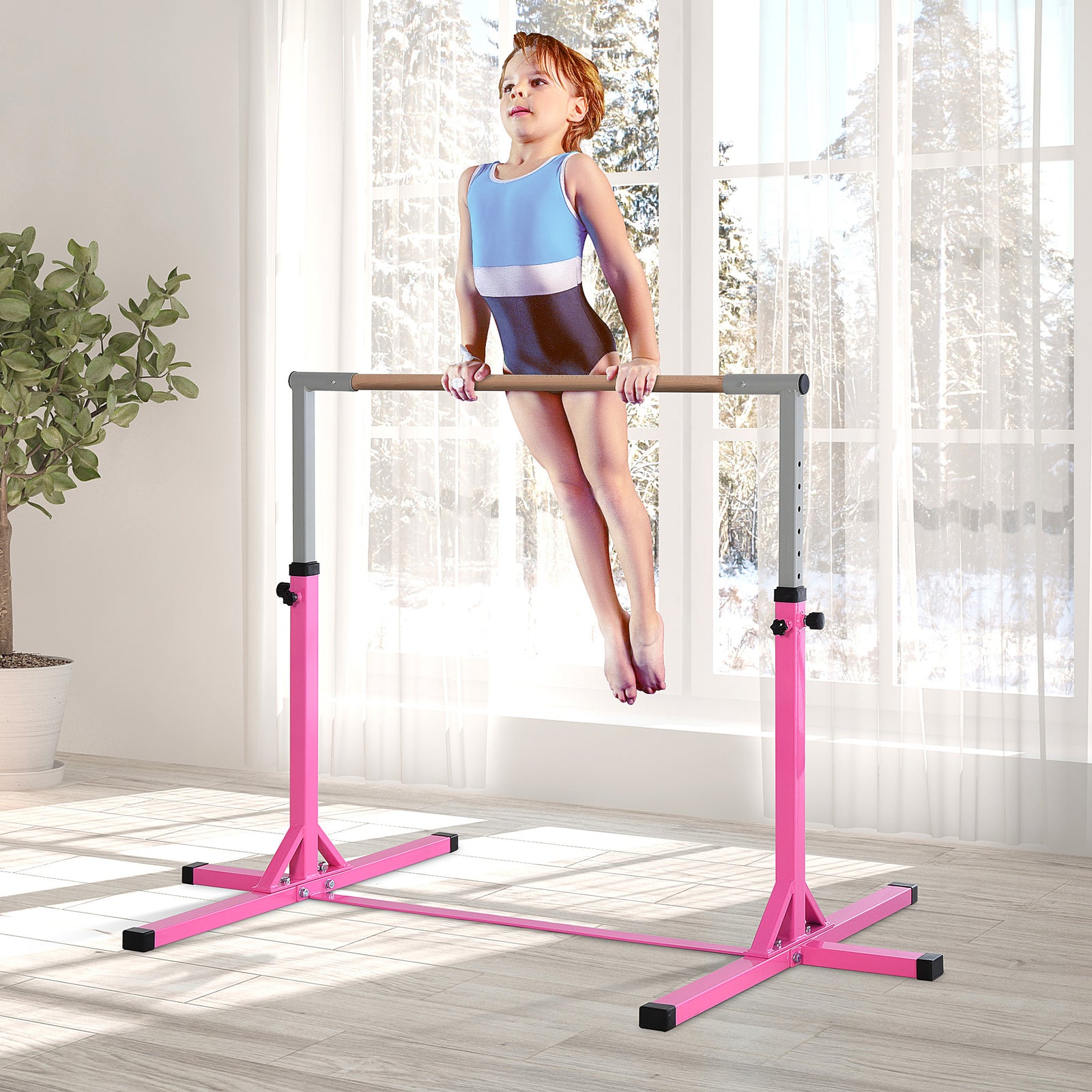 Adjustable Kids Gymnastics Bar Horizontal Training Steel Frame Wood | Pink