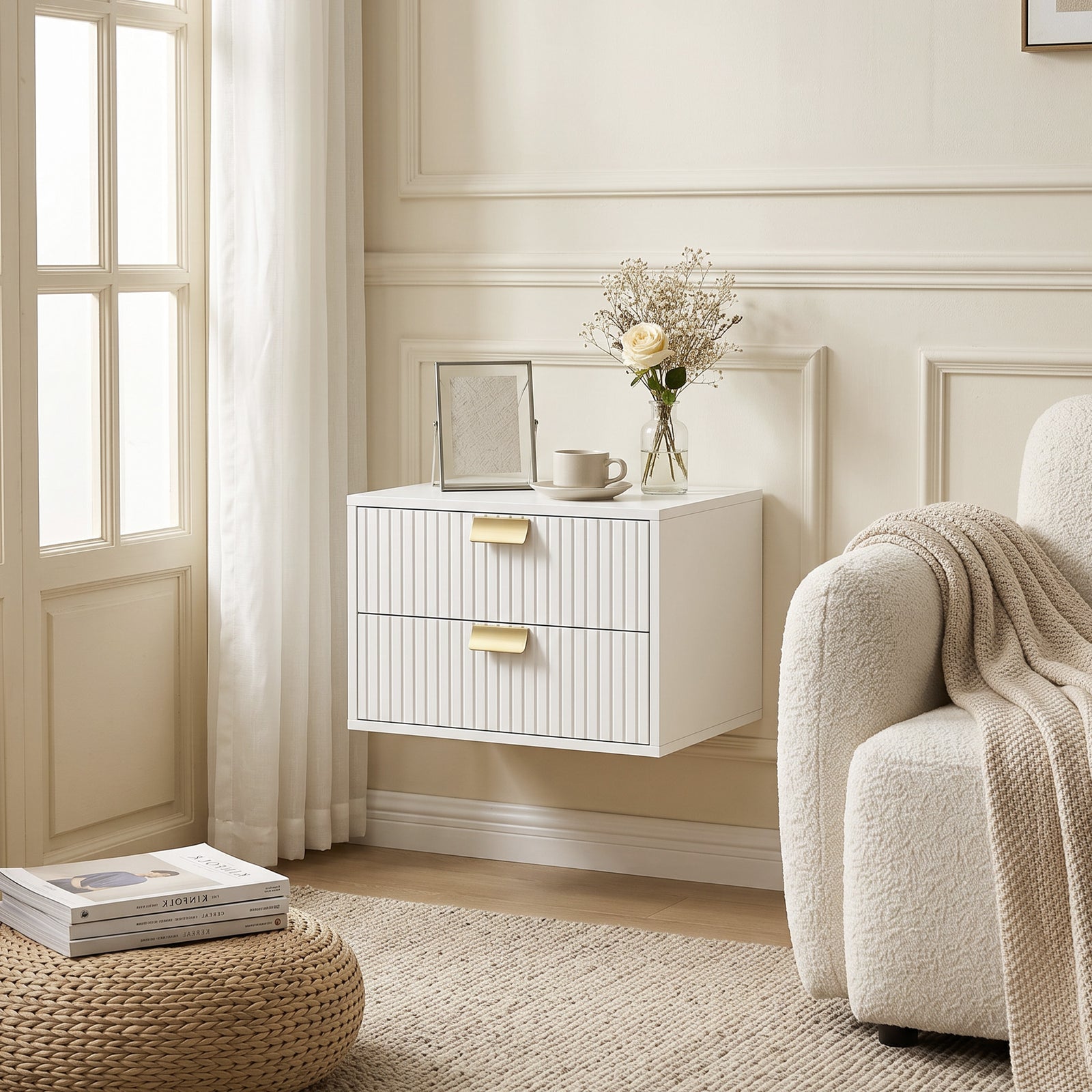 2pcs Modern Floating Nightstands,  2 Drawers Bedside Tables | White