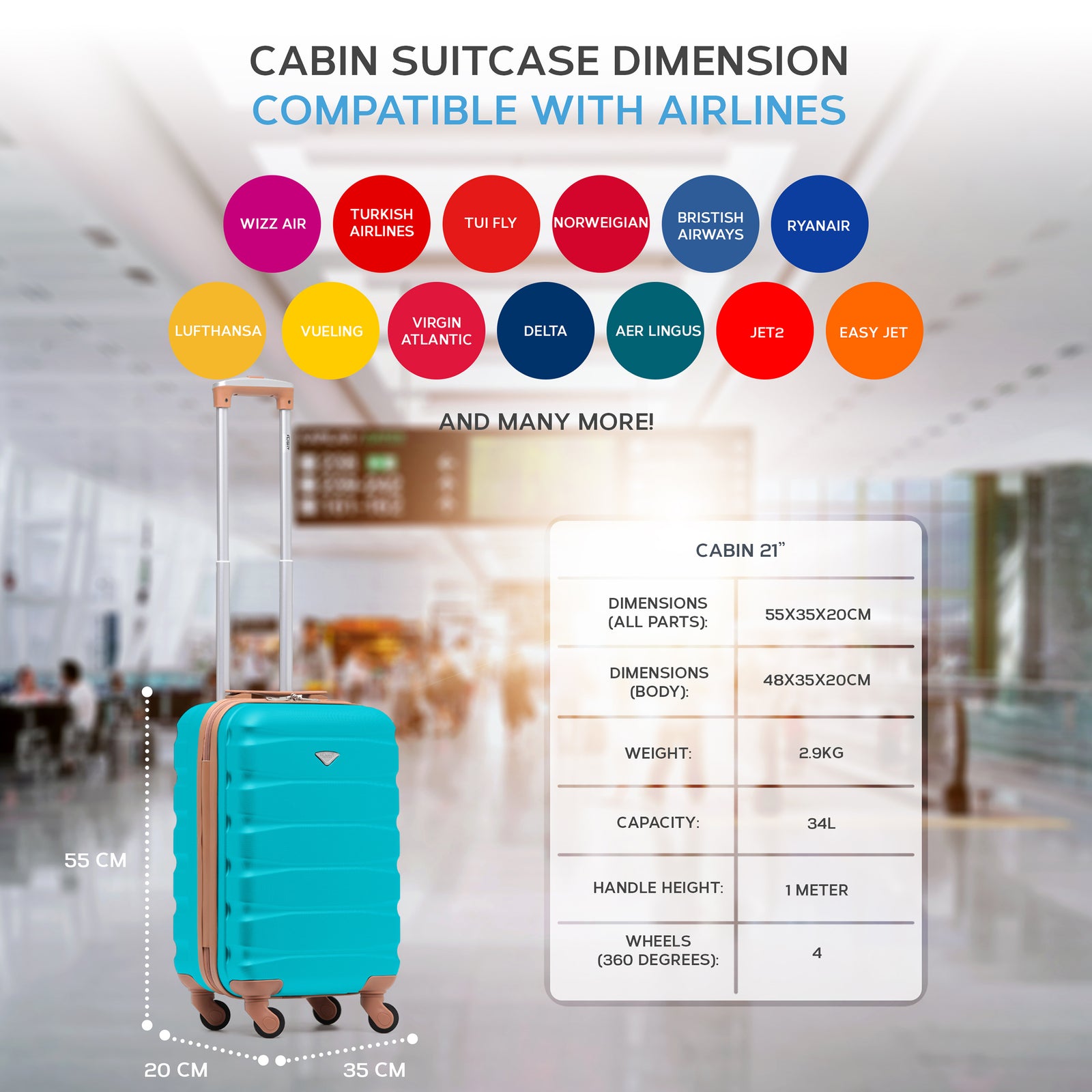 55x35x20cm Cabin Carry On Suitcase Hard Shell Overhead Luggage 100+ Airlines Approved | Cabin | Aqua