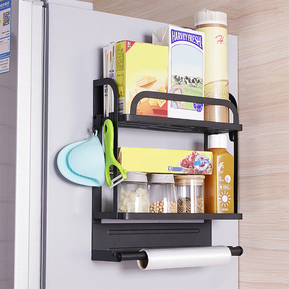 2-tier Magnetic Fridge Organizer With Paper Towel Holder And Removable Hooks