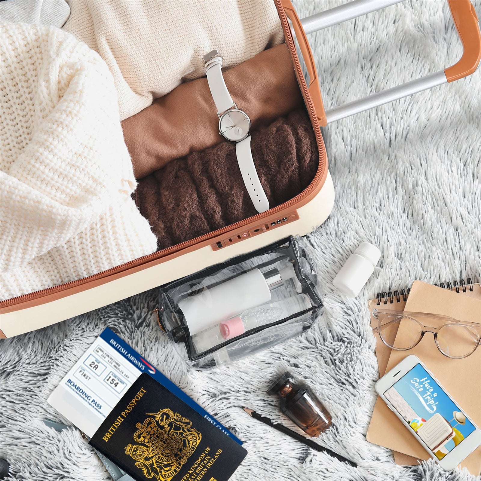 56x45x25cm Large Cabin Carry On Case - Overhead Luggage Suitcase - 4 Spinner Wheels - Abs Hard Shell Cabin Bag | Cabin | Cream