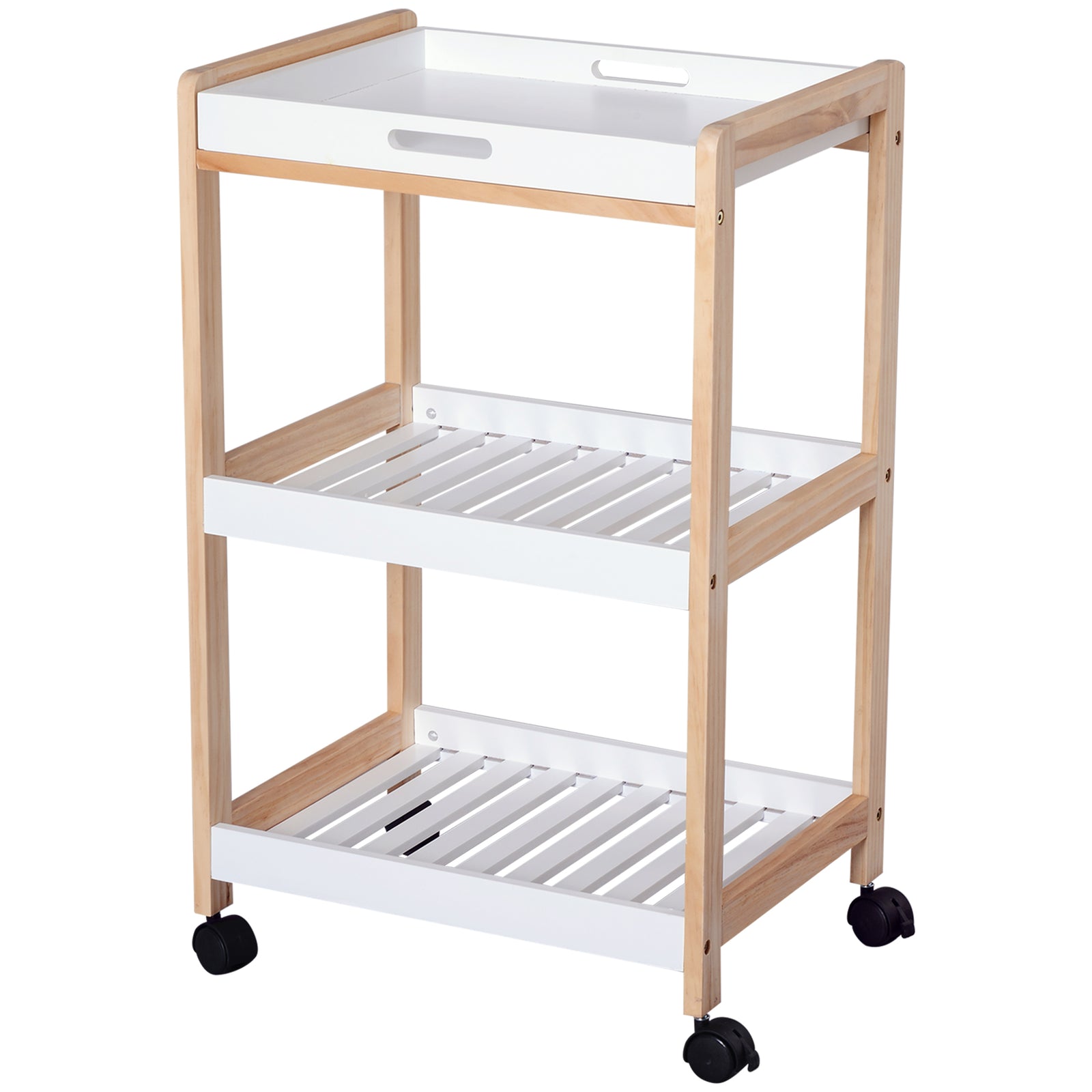 Mobile Trolley With Pine Wood, 3 Tier