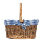 Blue Checked Lined Country Oval Wicker Shopping Basket | Large | Blue