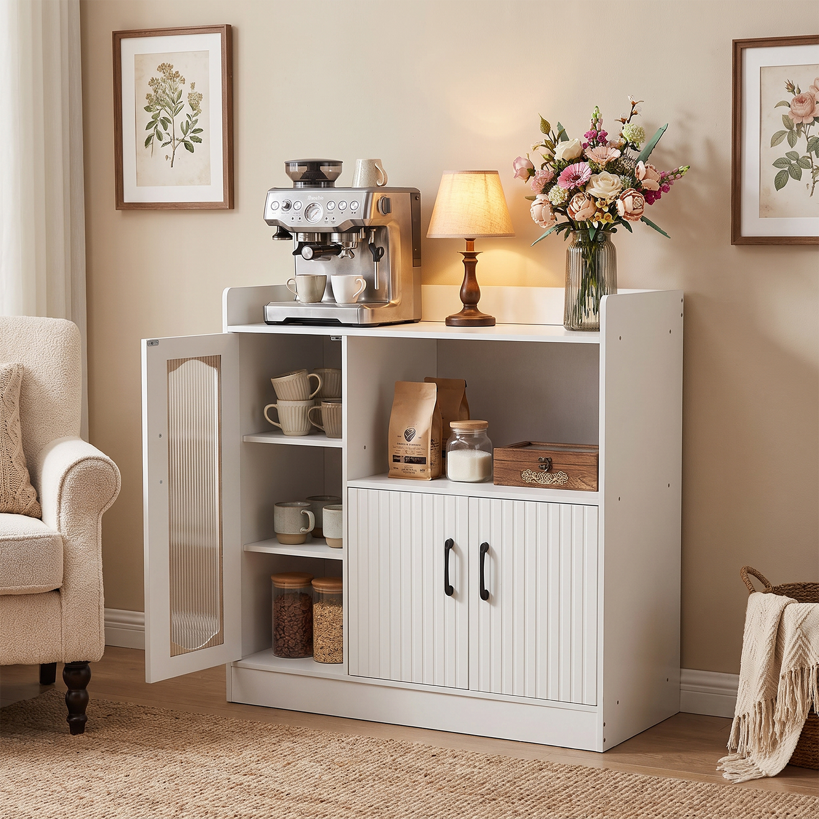 Breeins Wooden Sideboard Storage Cabinet With Microwave Counter Display