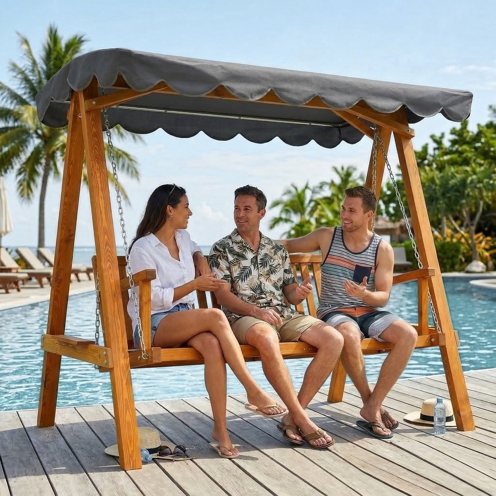 3 Seater Garden Swing Seat With Canopy, Outdoor Hammock Bench | Natural