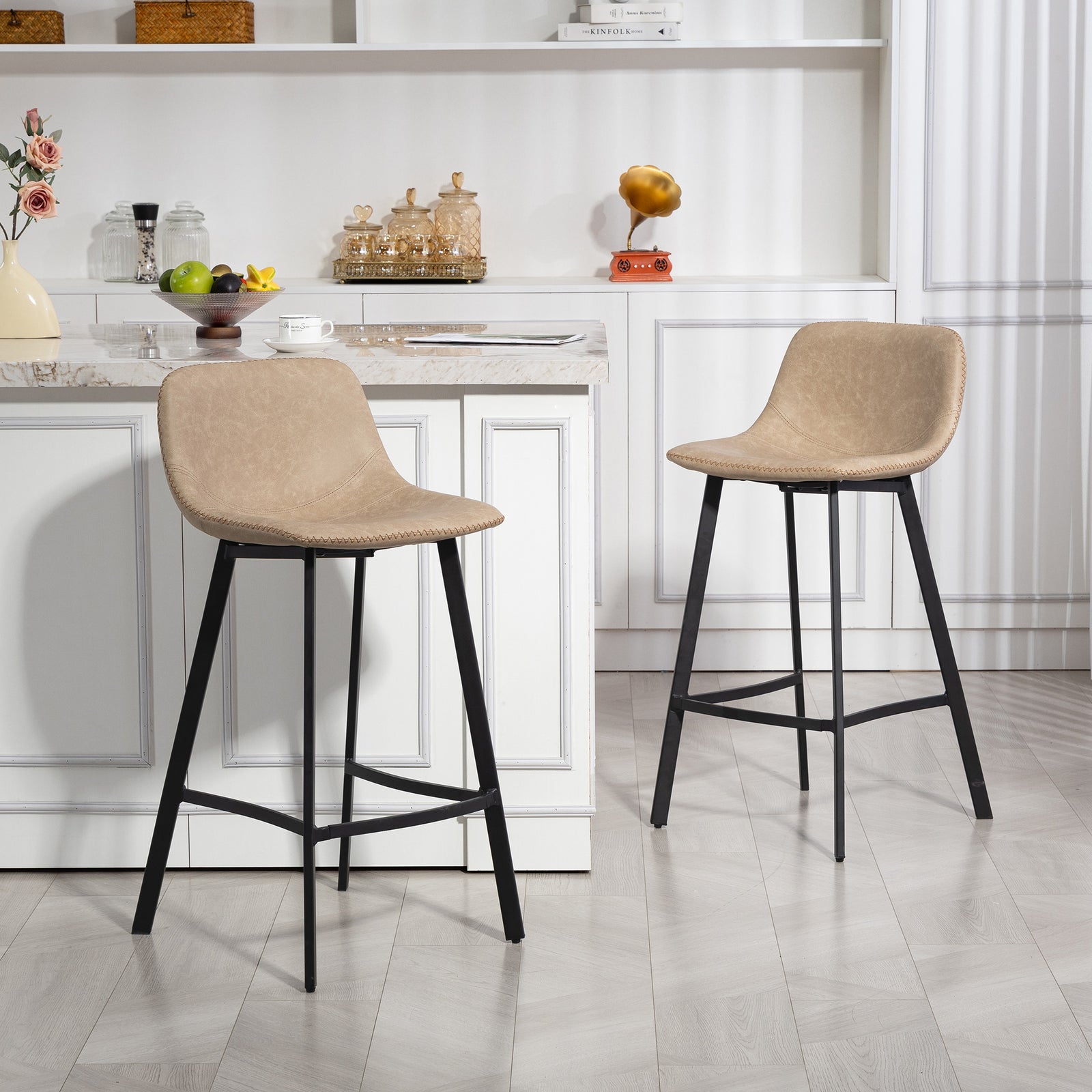 Bar Stools Set Of 2, Bar Chairs With Back And Steel Legs | Brown