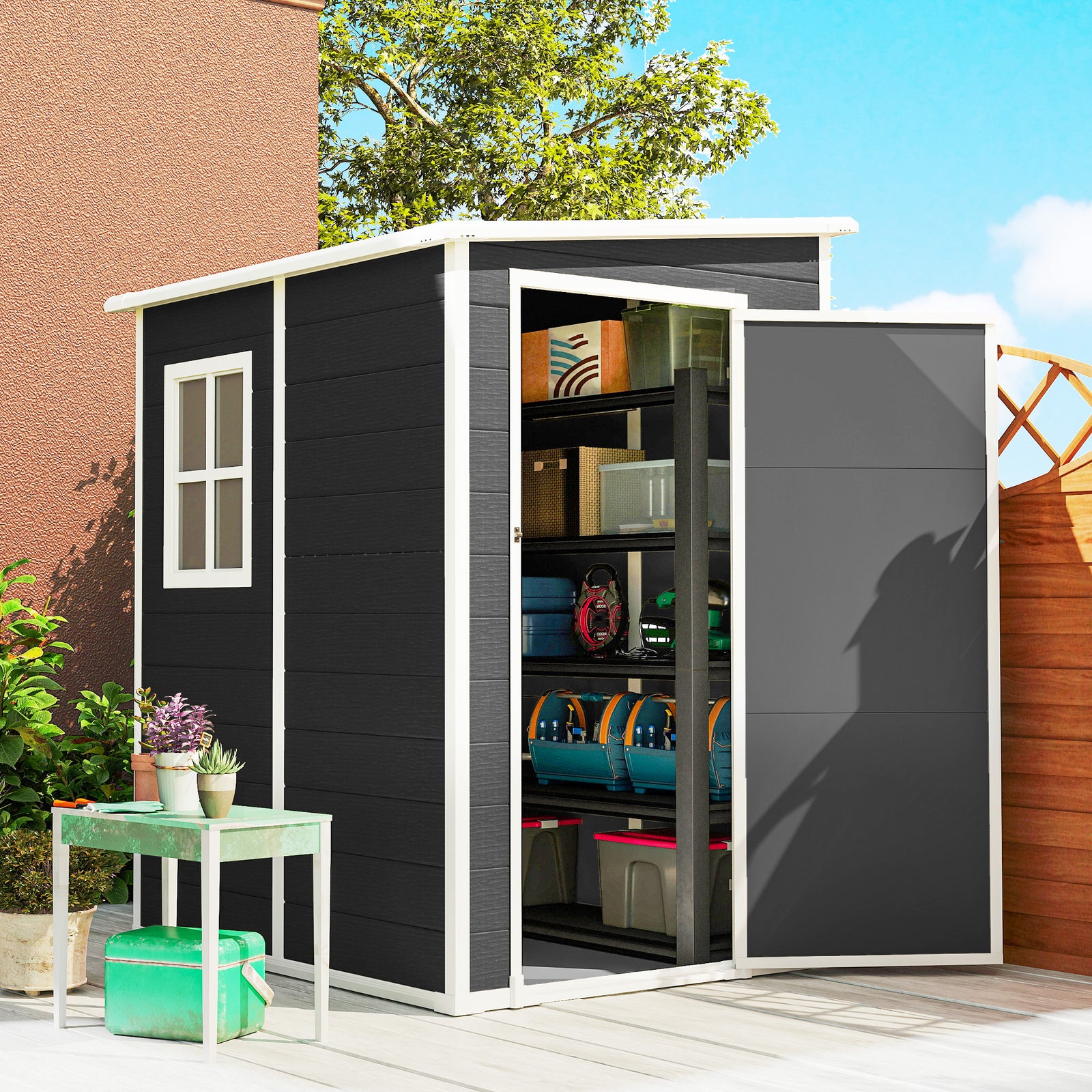 Lean To Garden Shed, Plastic Tool Storage House W/ Lockable Door | Black