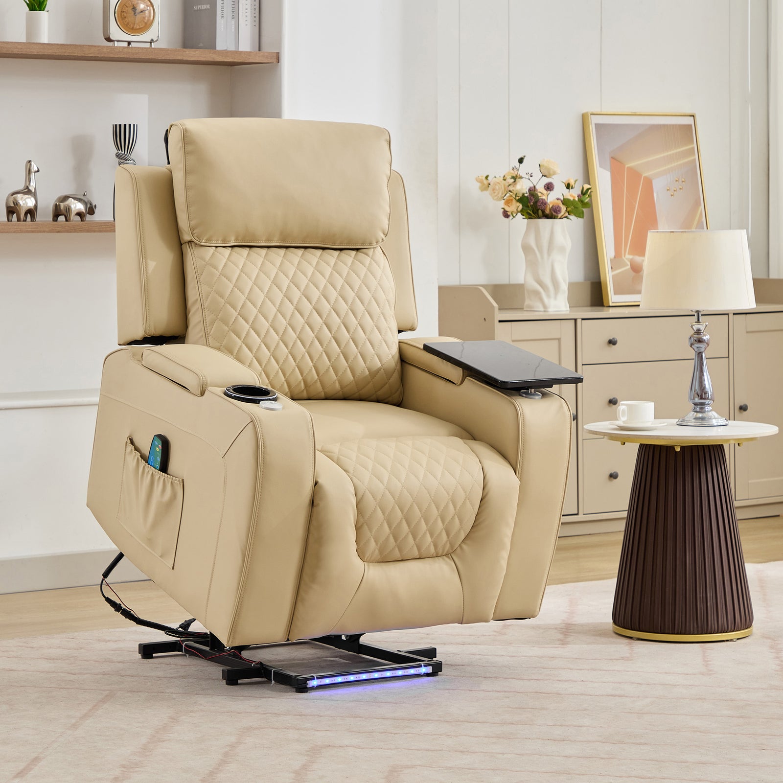Byron Electric Riser Recliner Chair With Massage And Heat, Drink Cooler, Table | Cream