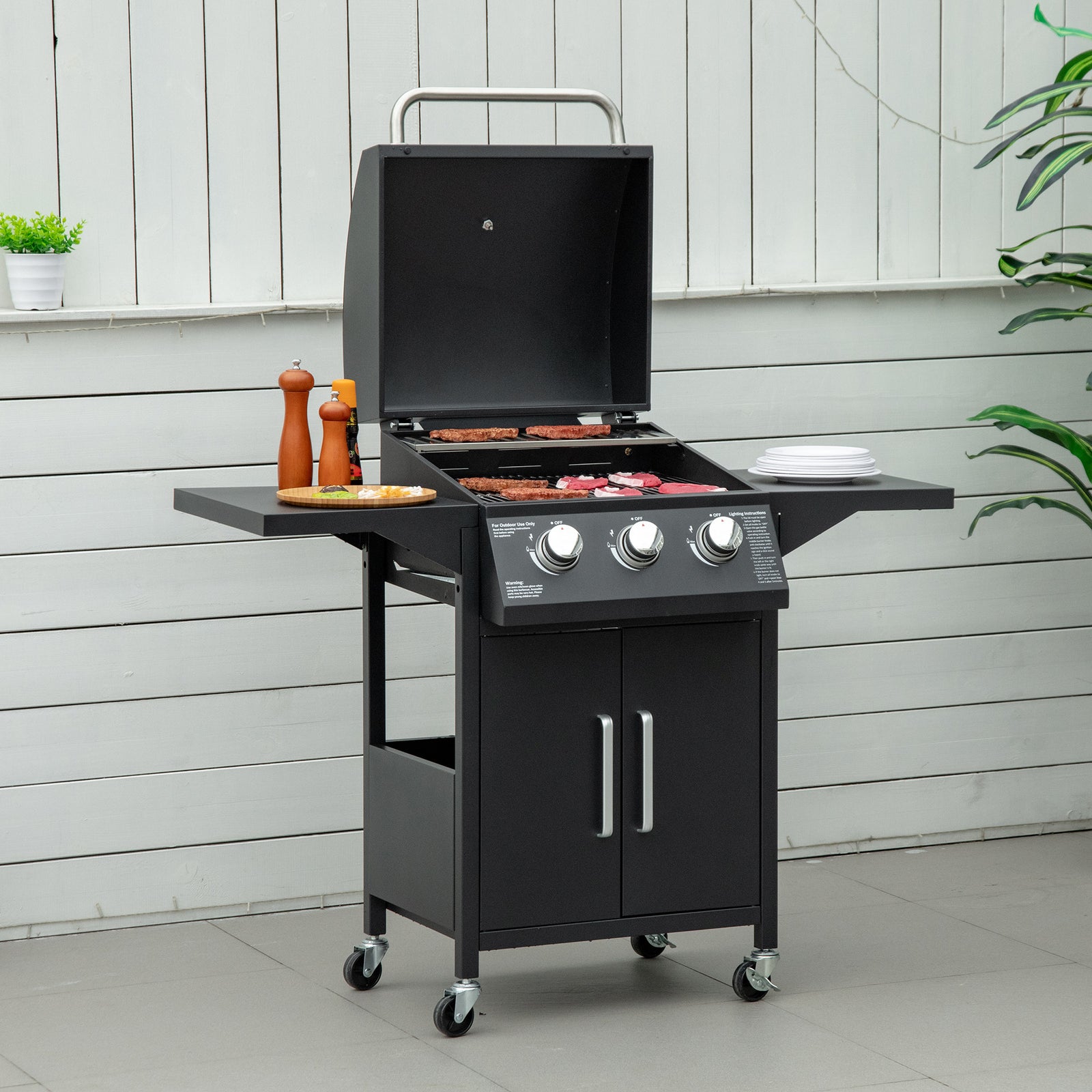 Bbq Grill With Burner, Portable Trolley, Black | Medium