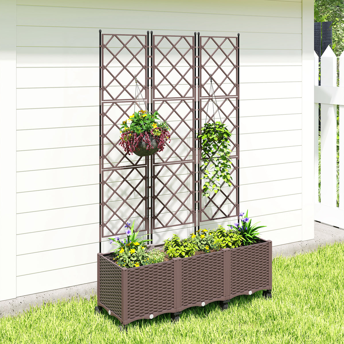 Outsunny Plastic Raised Planter With Trellis And Self Watering Design