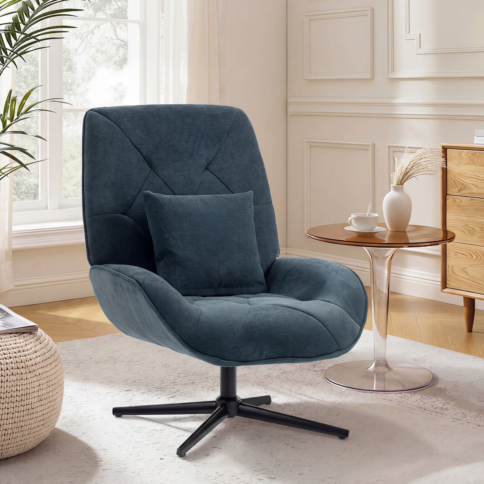 Swivel Accent Chair, Chenille Armchair With Lumbar Pillow | Dark Green