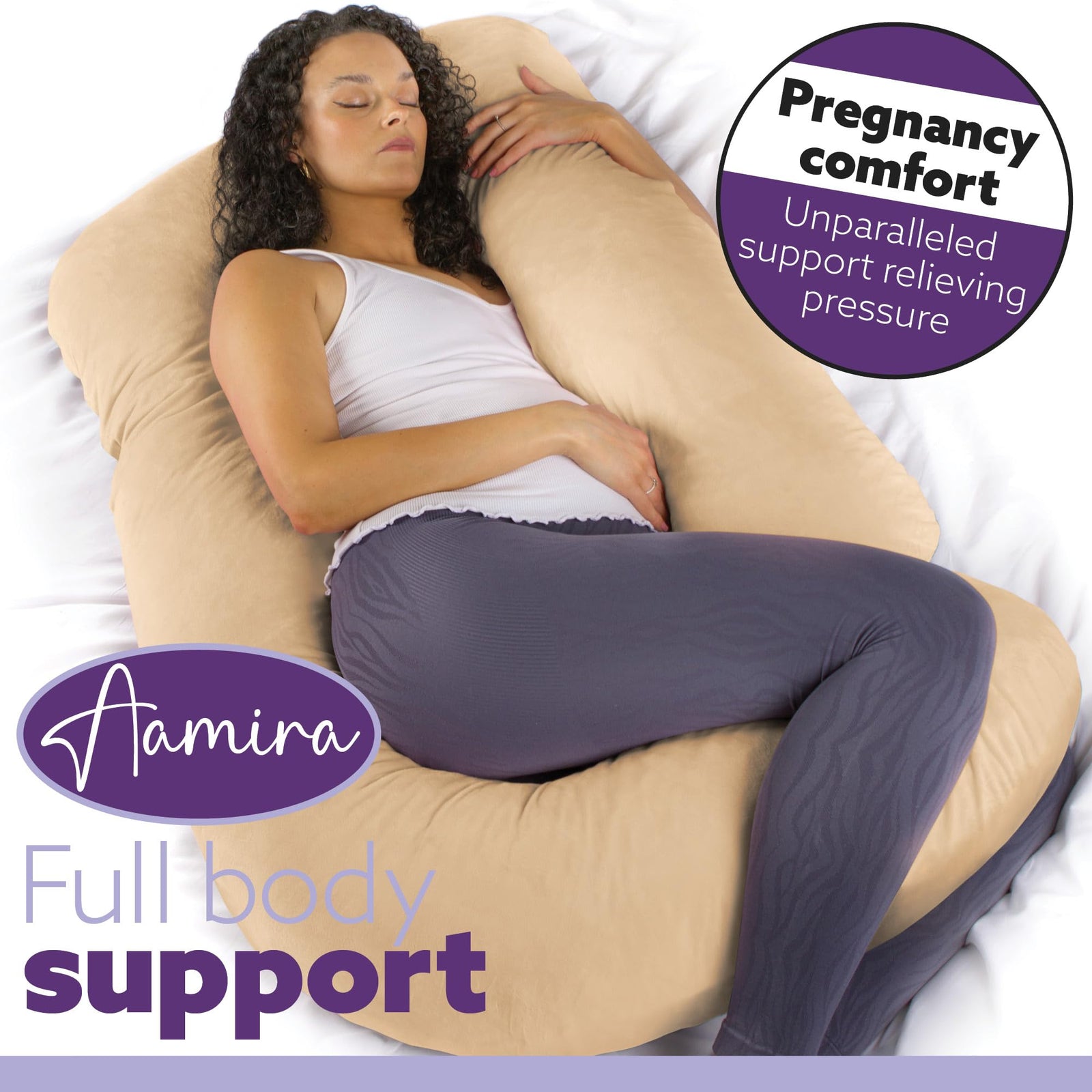 J Shaped Pregnancy Pillow, 140x70x20cm Shredded Memory Foam Full Body Maternity Cushion For Sleeping | J Shape | Cream