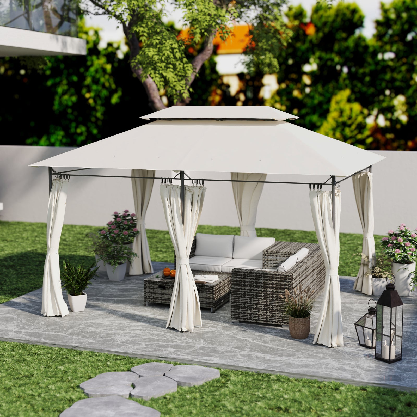 3x4m Garden Gazebo With Sides, Double Roof Metal Gazebo | Cream