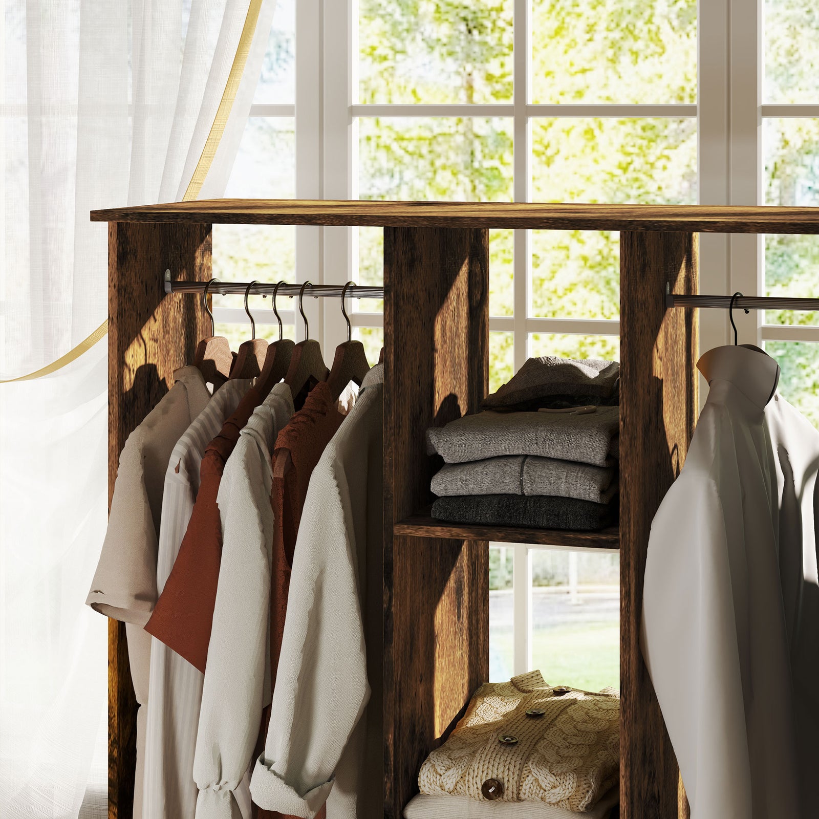Mobile Double Open Wardrobe W/ Clothes Hanging Rail | Brown