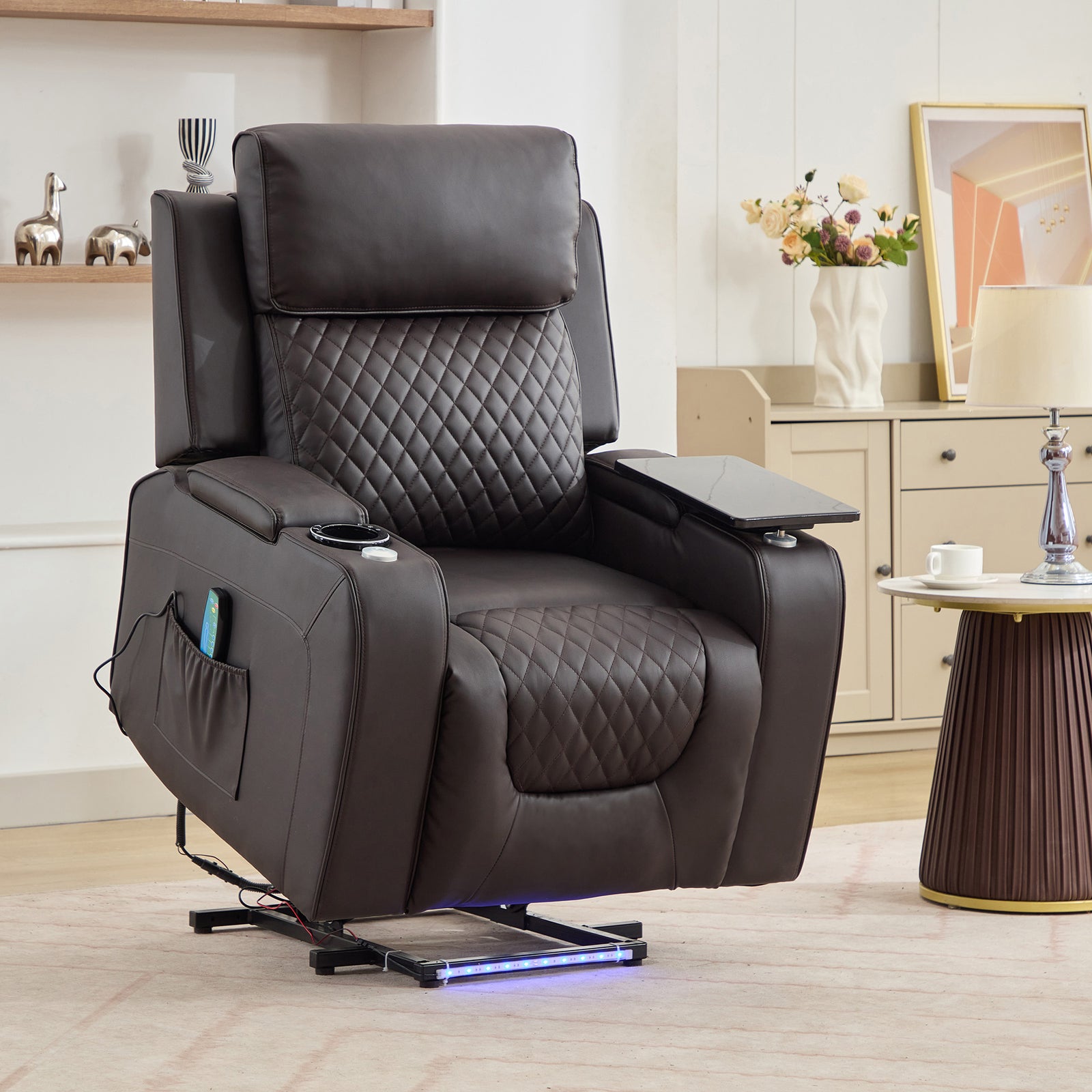 Byron Electric Riser Recliner Chair With Massage And Heat, Drink Cooler, Table | Brown