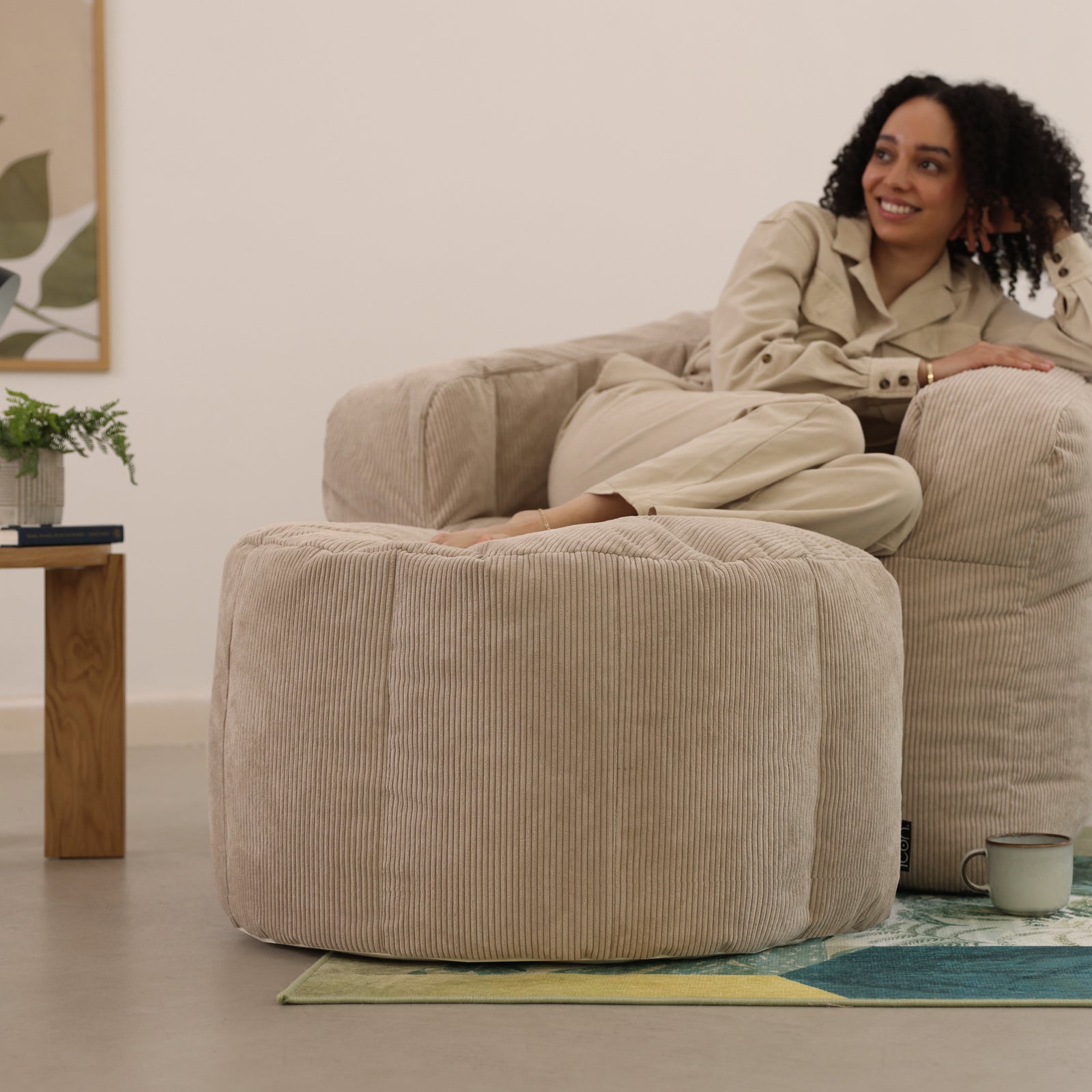 Remi Fine Cord Bean Bag Pouffe | Beige