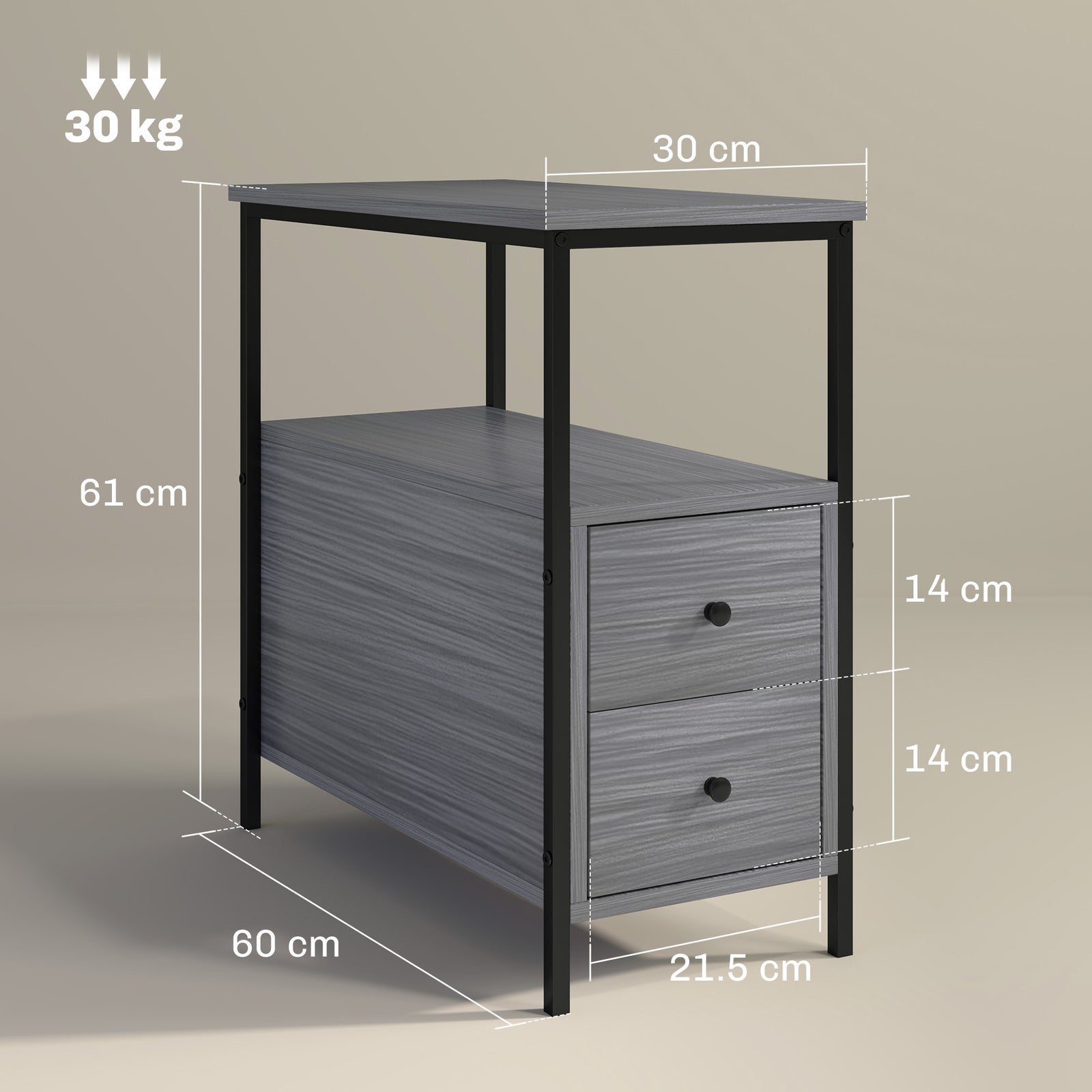HOMCOM Narrow End Table, Sofa Side Table With 2 Drawers Storage Shelf, Grey