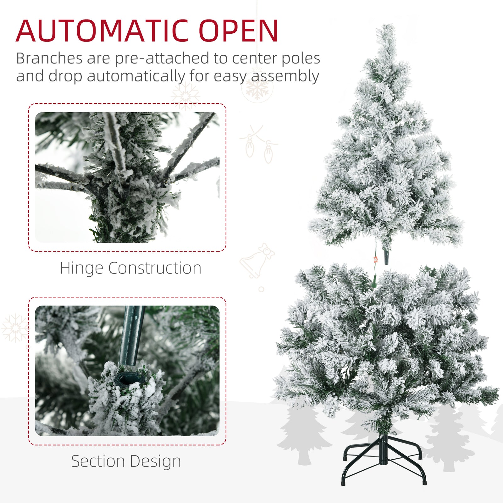 4.5ft Artificial Flocked Christmas Tree With Led Lights, Snow Branches