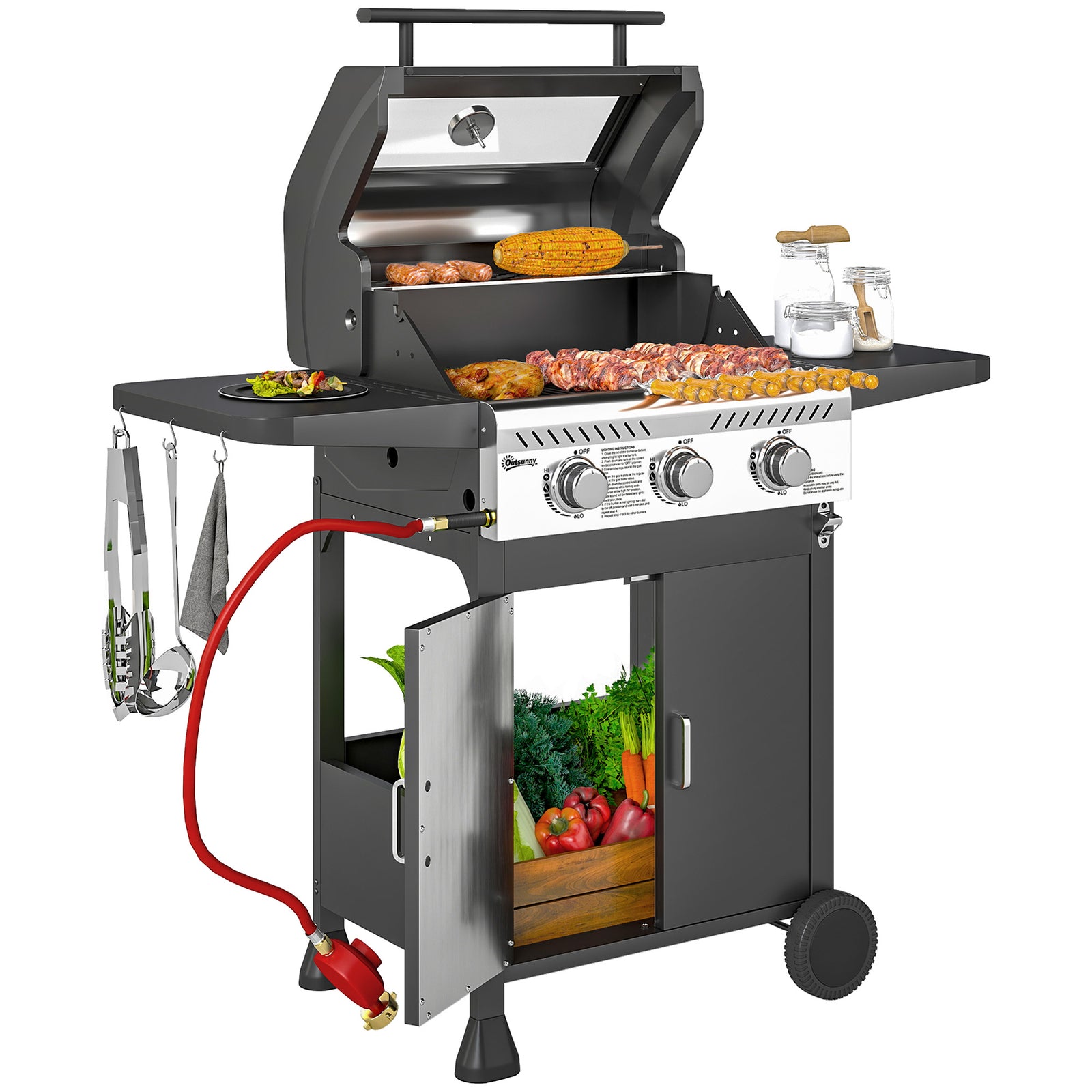 Outsunny 3 Burner Gas Bbq Trolley With Lid