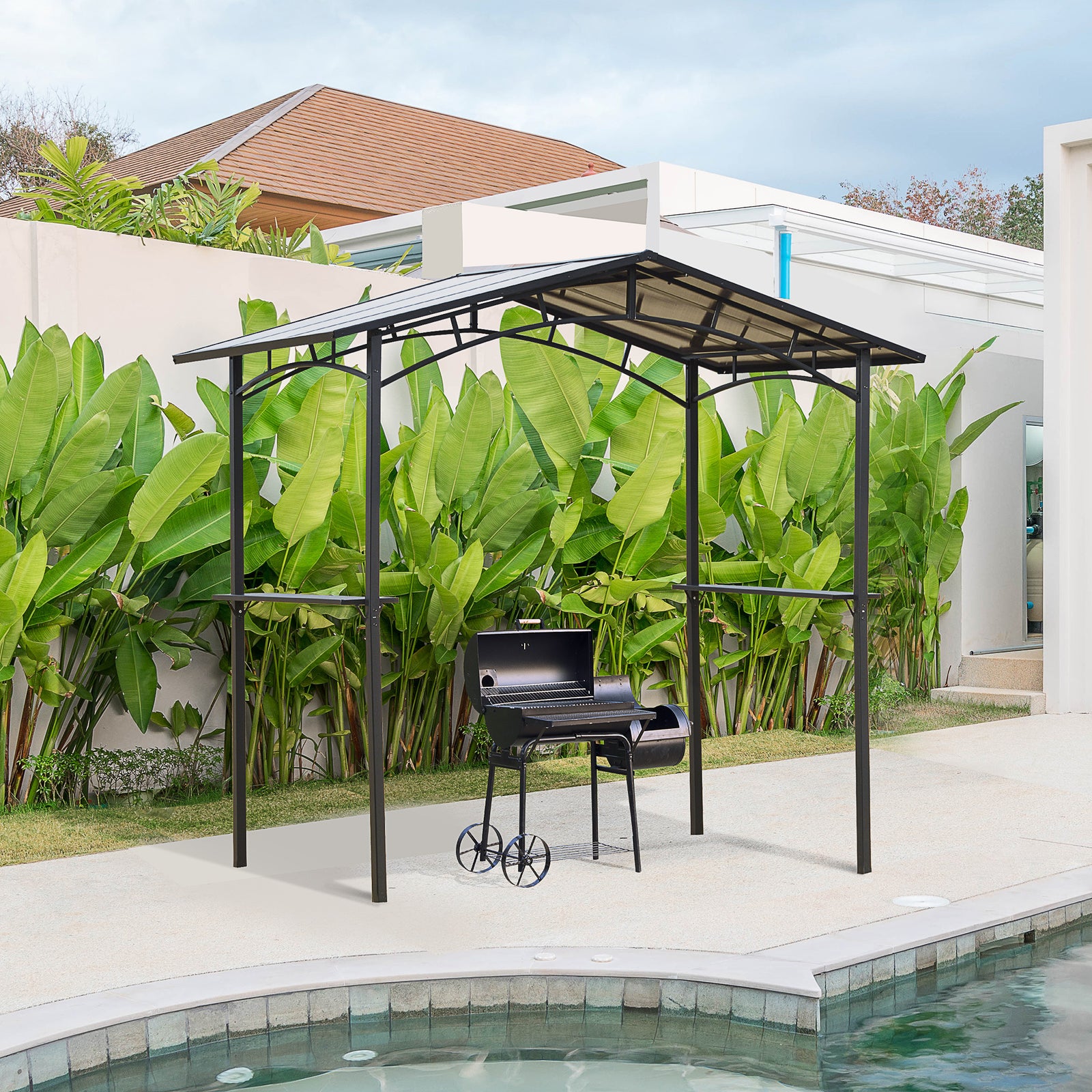 8 X 5ft Outdoor Bbq Protective Gazebo Aluminium W/ 2 Shelves