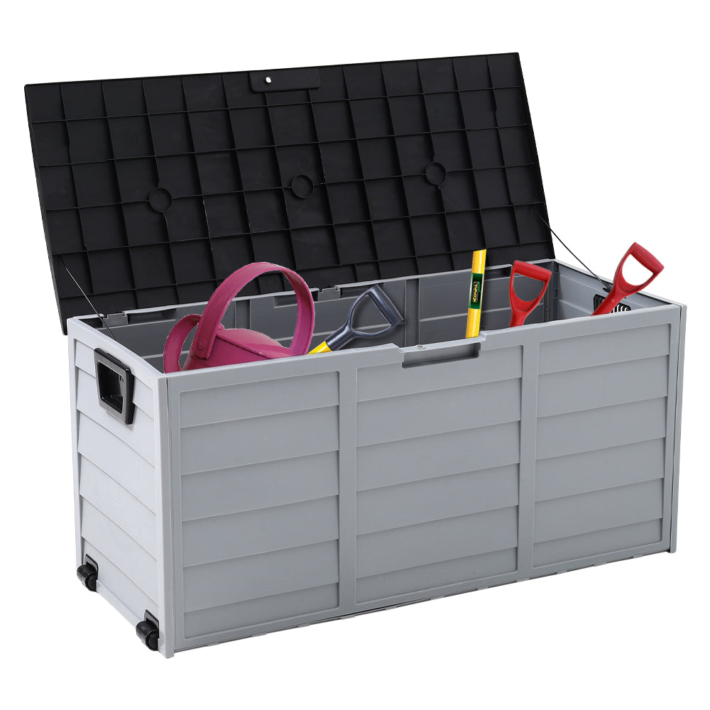 290l Waterproof Large Plastic Garden Storage Box With Wheels | Black
