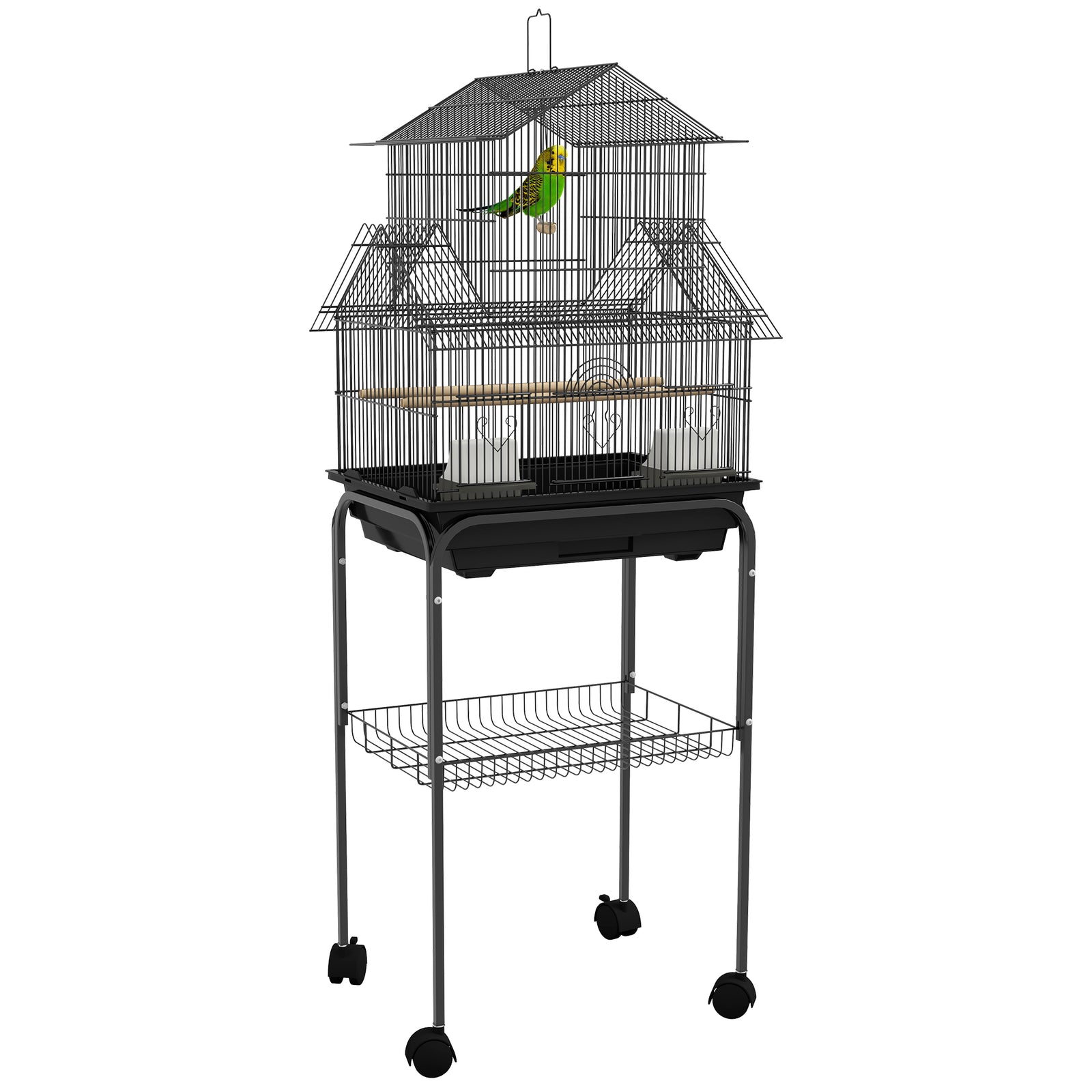 Metal Bird Cage W/ Perch, Food Container, Handle, For Finch, Canary