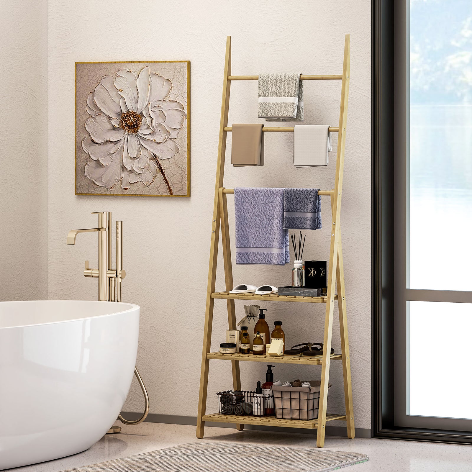 3-tier Folding Bamboo Bathroom Storage Shelving Towel Bars