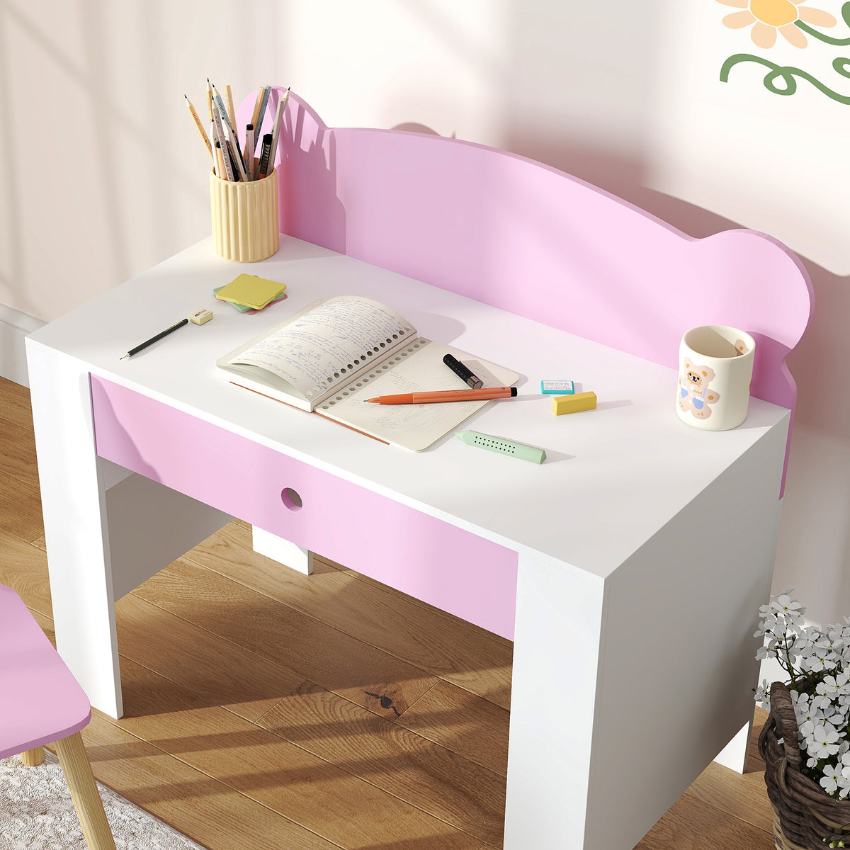 AIYAPLAY Kids Desk And Chair Set, Children Writing Table With Drawer, Pink