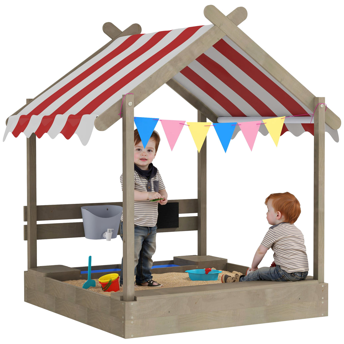 Sand Pit With Canopy, Blackboard, Toys, Sink, Seats, Flags For Kids | Grey