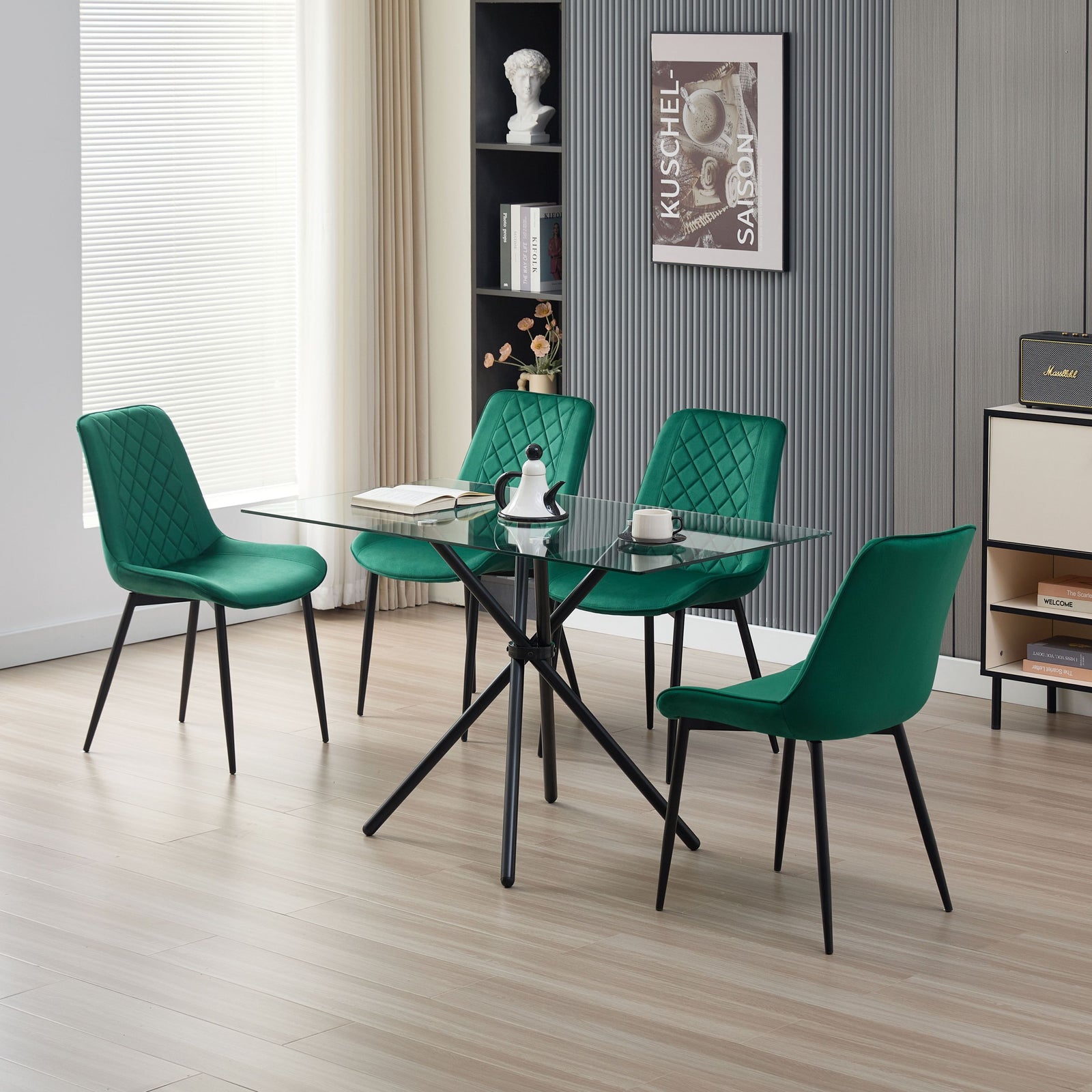 Stylish Miami Dining Table Set With 4 Velvet Amelia Chairs | Green