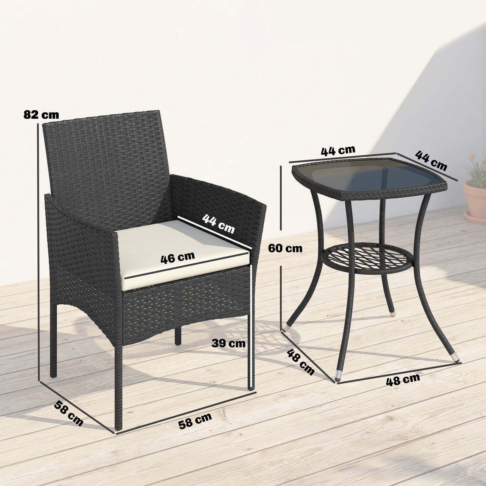 3 Piece Rattan Bistro Set With 2 Tier Glass-top Table, Chairs | White