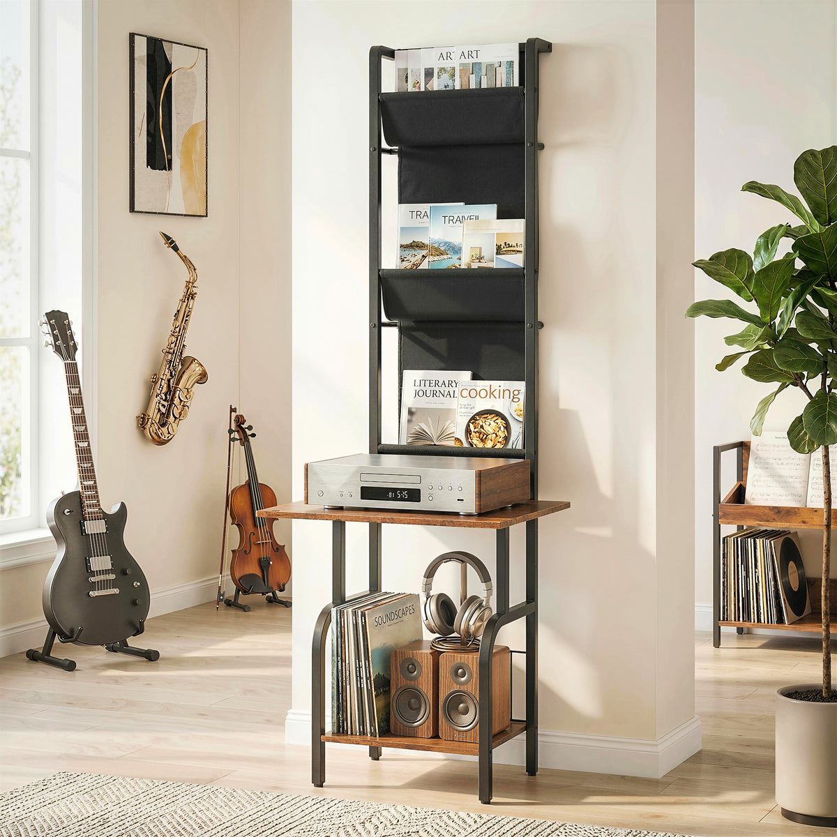 HOMCOM Vinyl Record Player Stand With Oxford Pockets