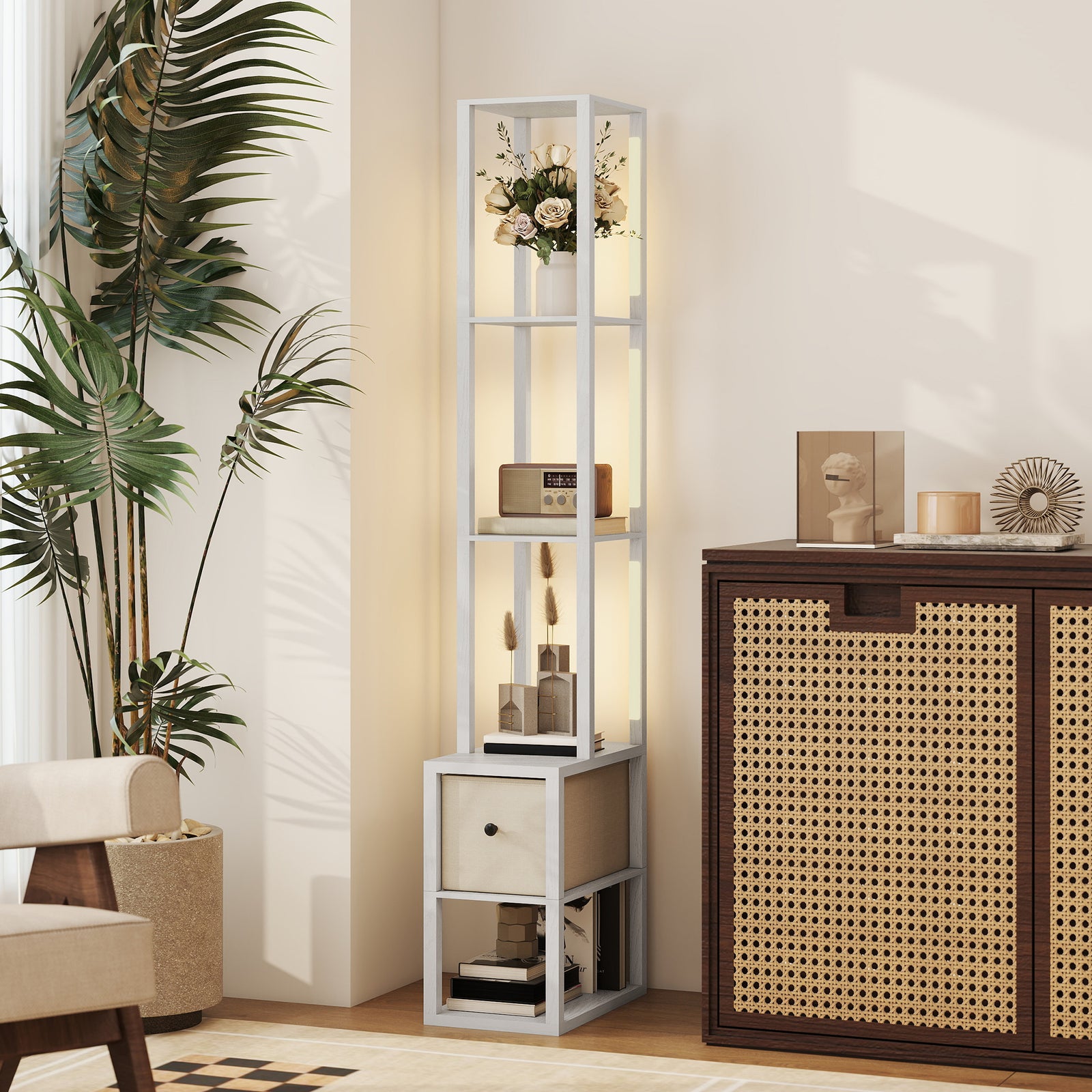 Floor Lamp With Shelves, Led Standing Lamp With Fabric Drawer | White