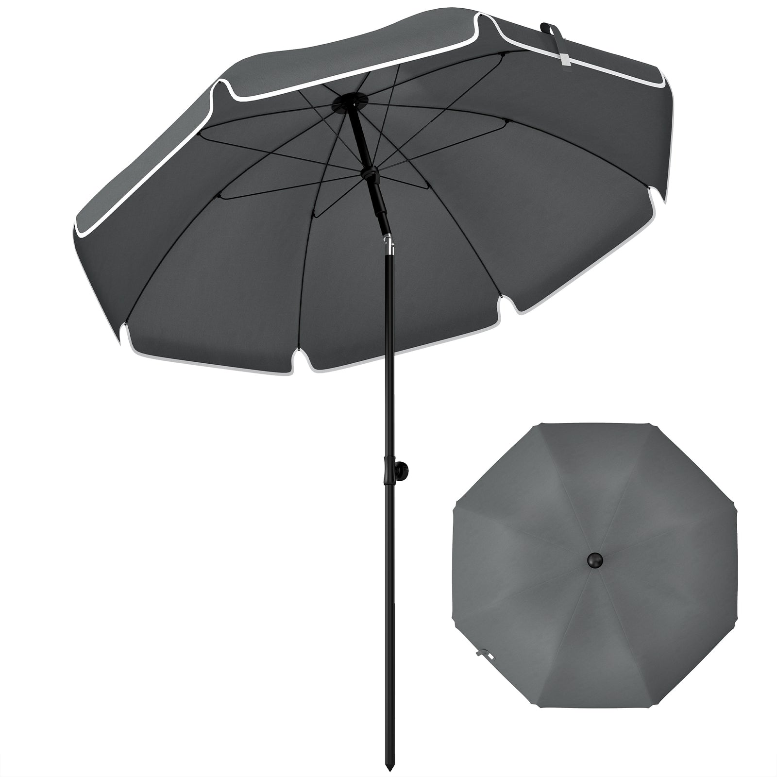 1.8 M Beach Umbrella Parasol With Sand Anchor, Tilt | Grey
