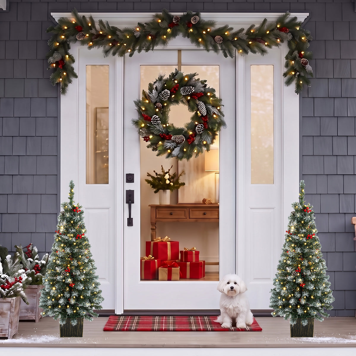 HOMCOM 4ft Pre-lit Slim Artificial Christmas Tree Set Of 2, 140 Frosted Tips