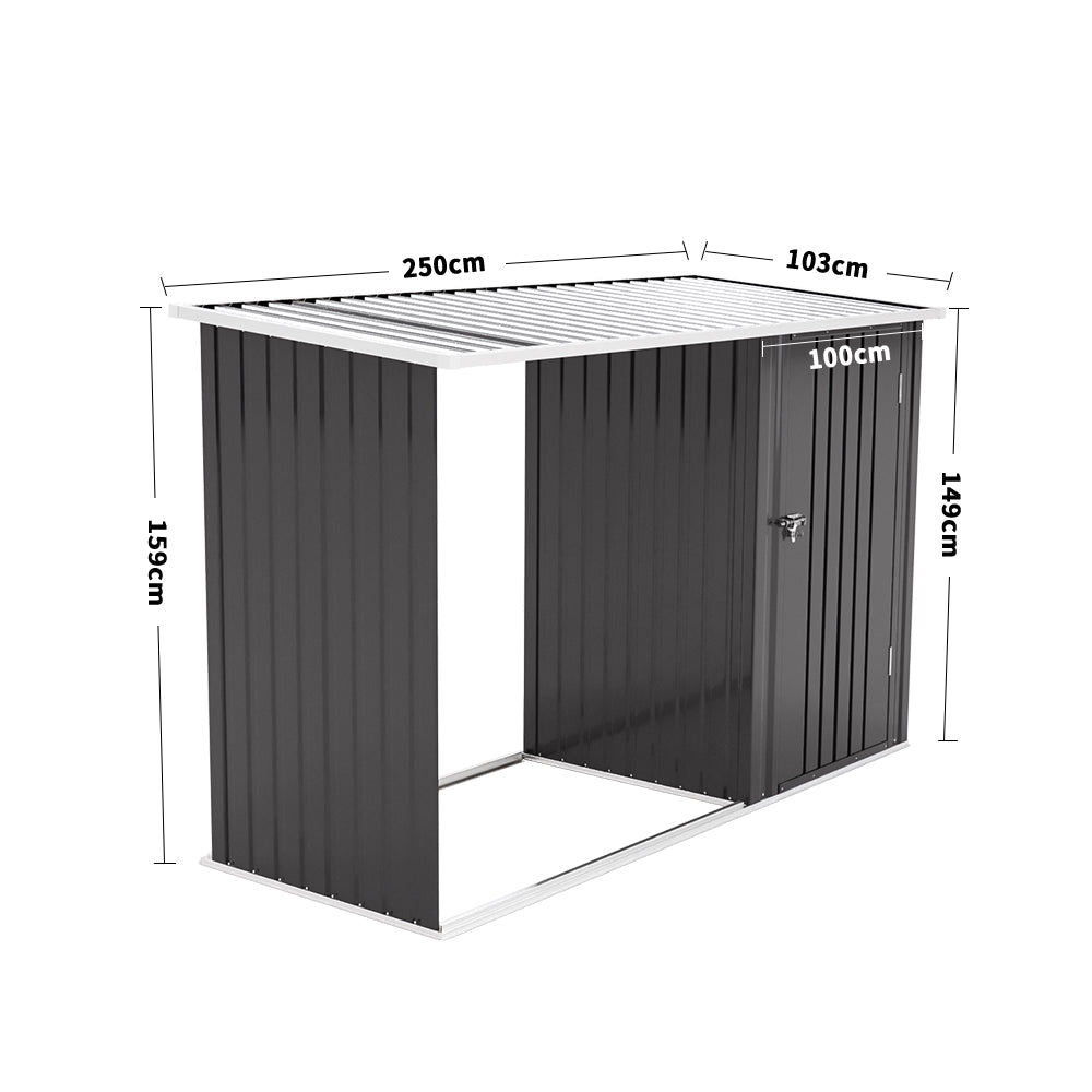 Steel Outdoor Storage Shed With Firewood Log Rack Waterproof Metal Garden Tool Organizer | One Size | Charcoal Black