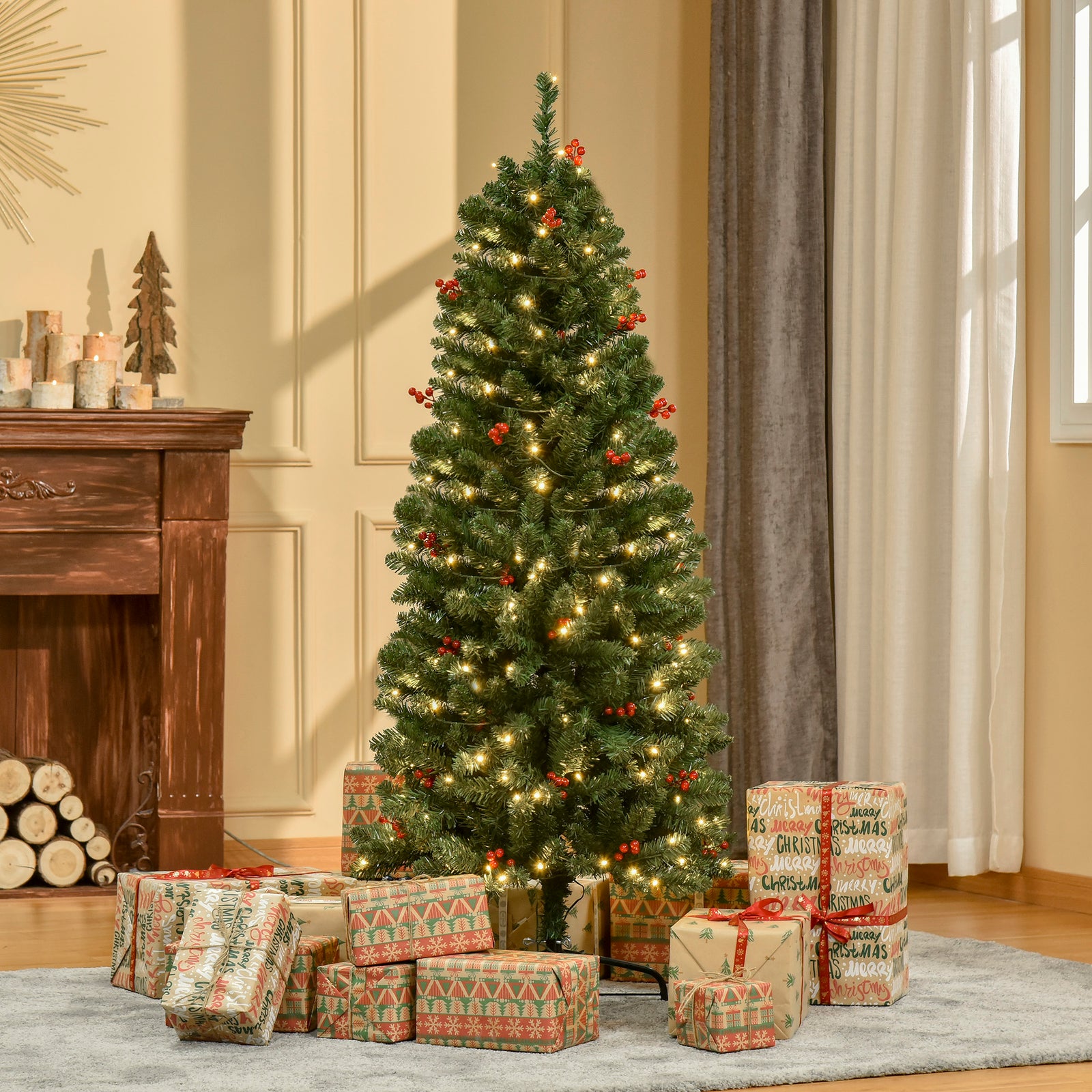 5/6/7ft Prelit Pencil Christmas Tree With Led And Berry | 5ft | Green