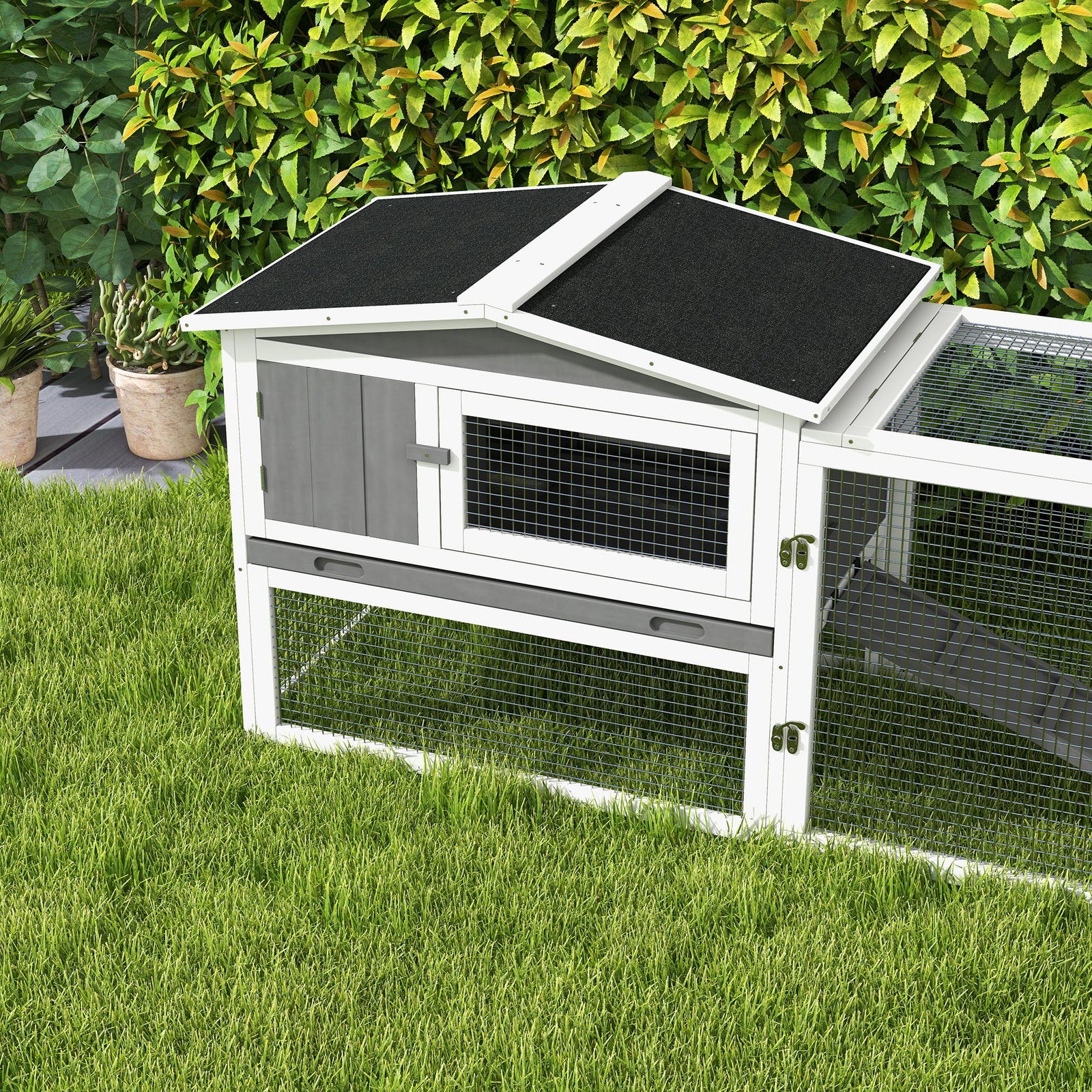 Rabbit Hutch And Run Outdoor W/ Sliding Tray Hay Rack Ramp, 156x58x68cm | Gray